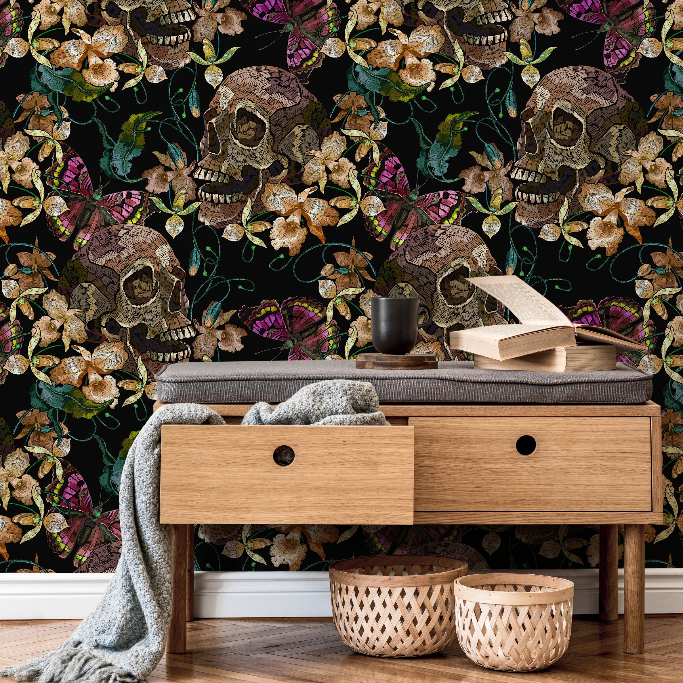 Maximalist Wallpaper With Embroidered Skulls And Butterflies In Black, Brown, And Pink - D897