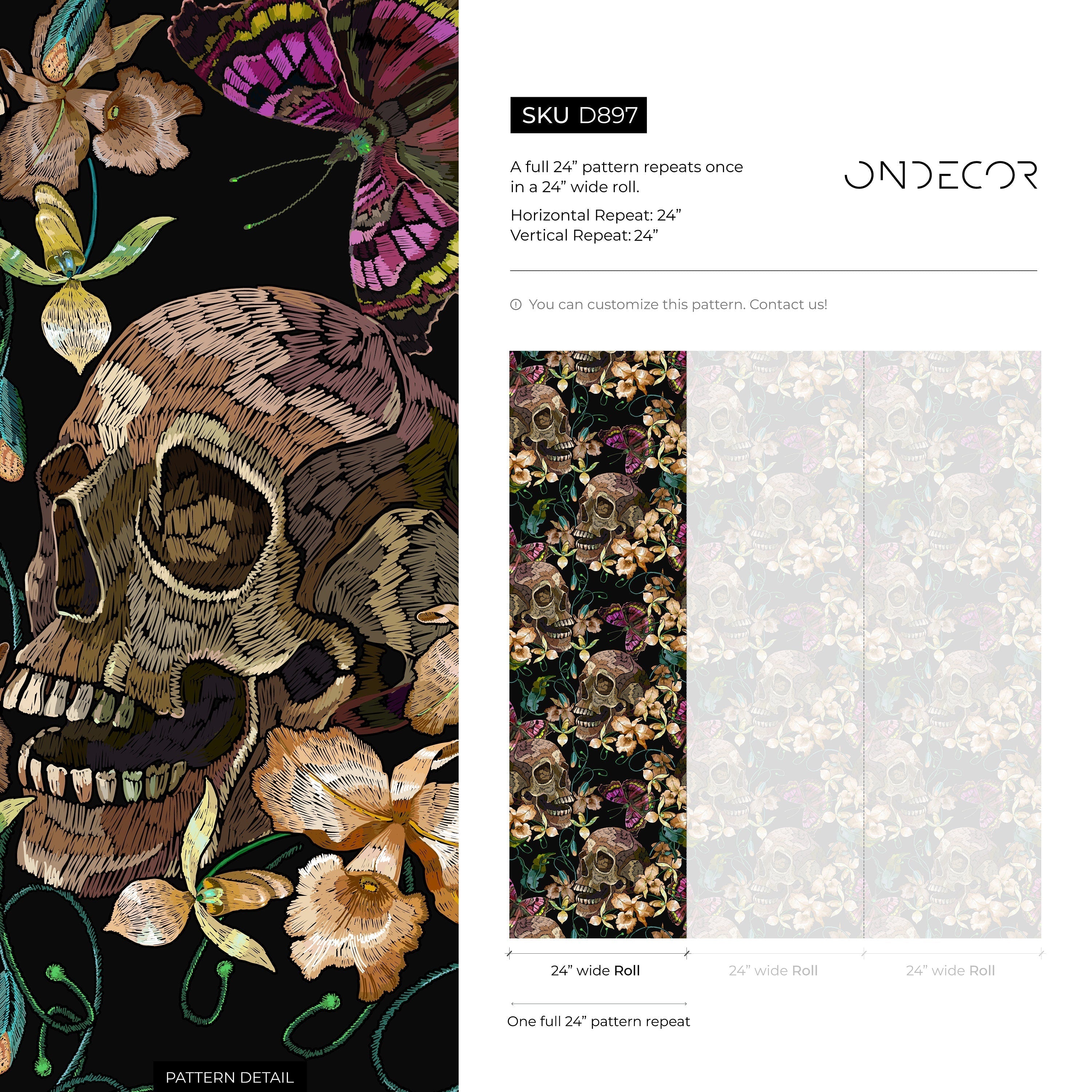 Maximalist Wallpaper With Embroidered Skulls And Butterflies In Black, Brown, And Pink - D897