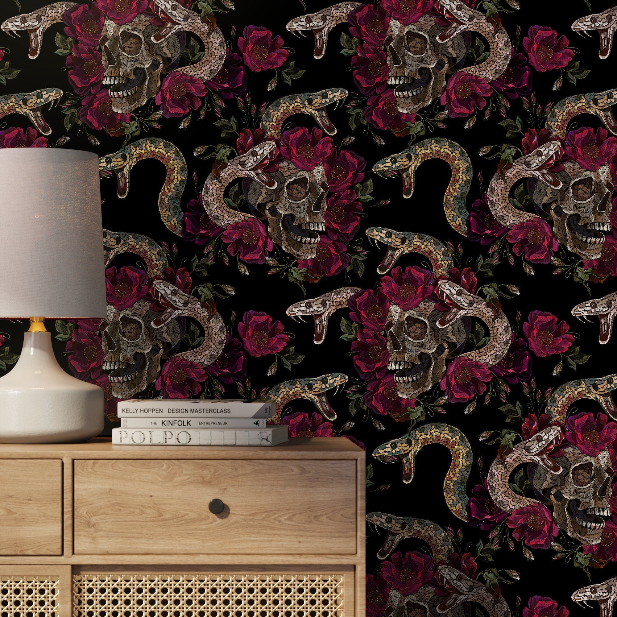 Maximalist Wallpaper With Embroidered Skulls And Snakes In Red, Brown, And Black - D903