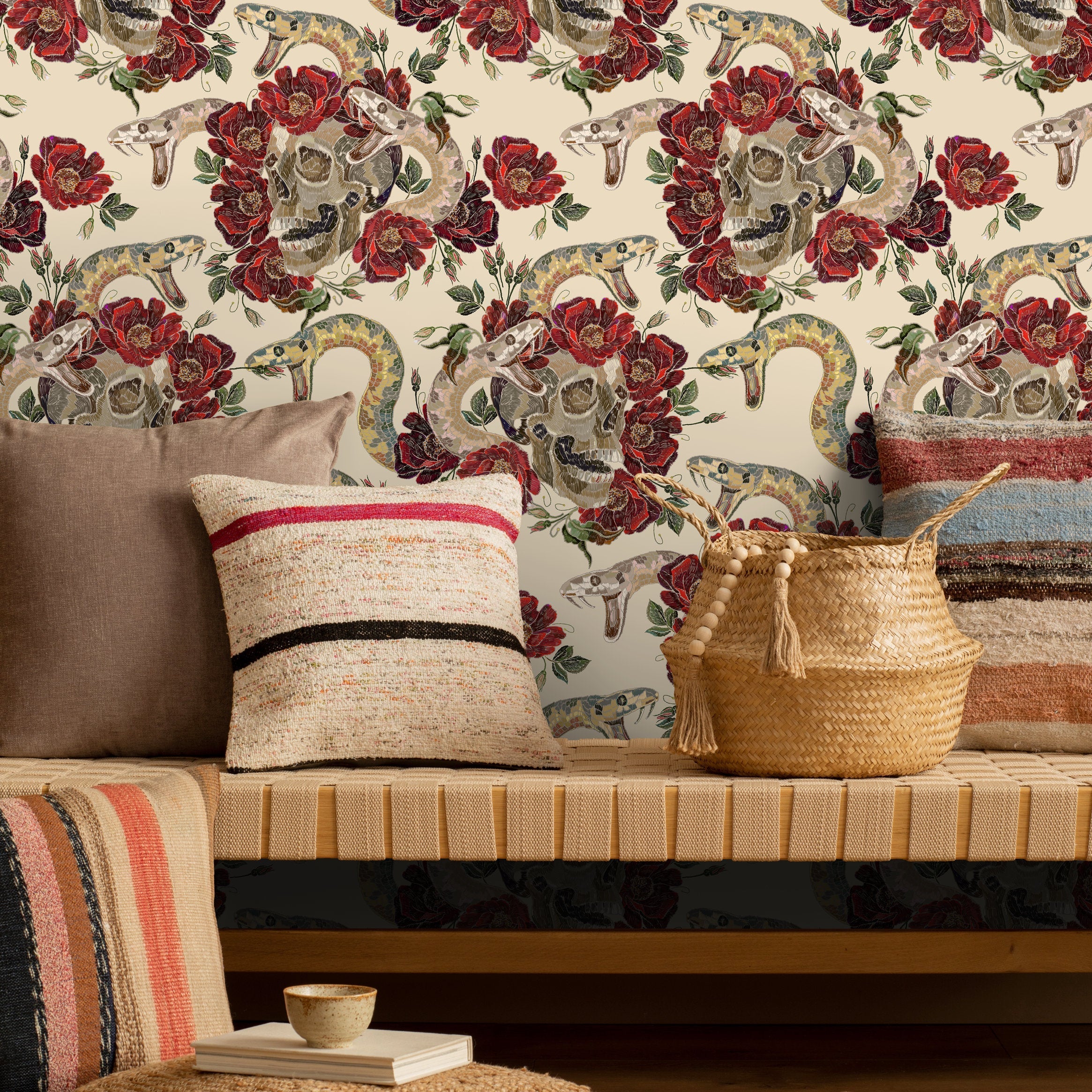 Gothic Wallpaper With An Embroidered Skull And Snake Motif In Red, Brown, And Beige - D900