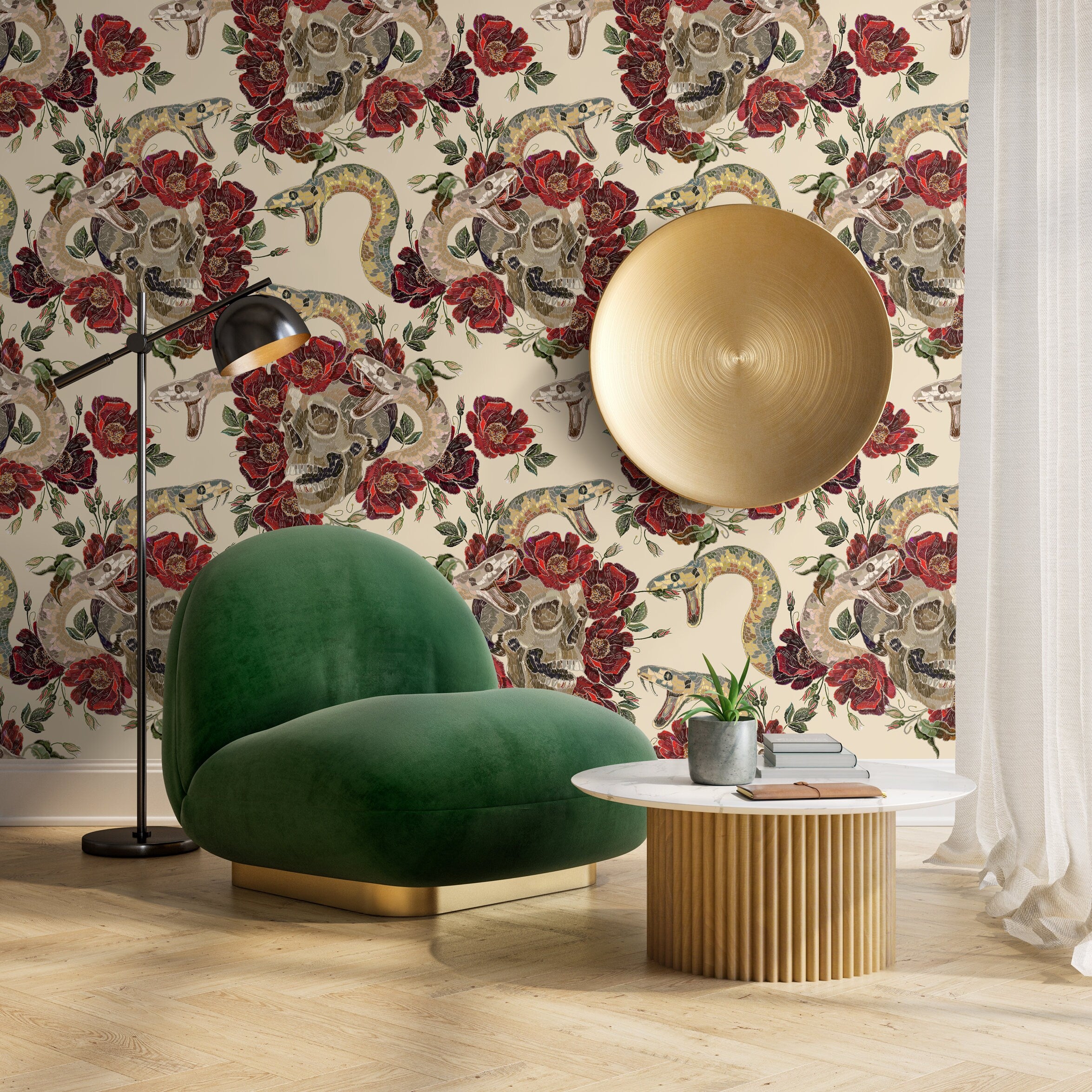 Gothic Wallpaper With An Embroidered Skull And Snake Motif In Red, Brown, And Beige - D900