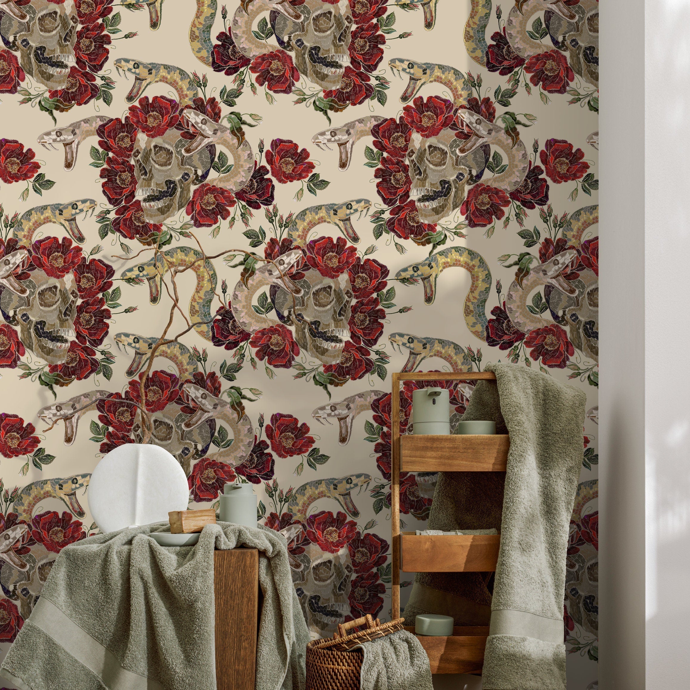 Gothic Wallpaper With An Embroidered Skull And Snake Motif In Red, Brown, And Beige - D900