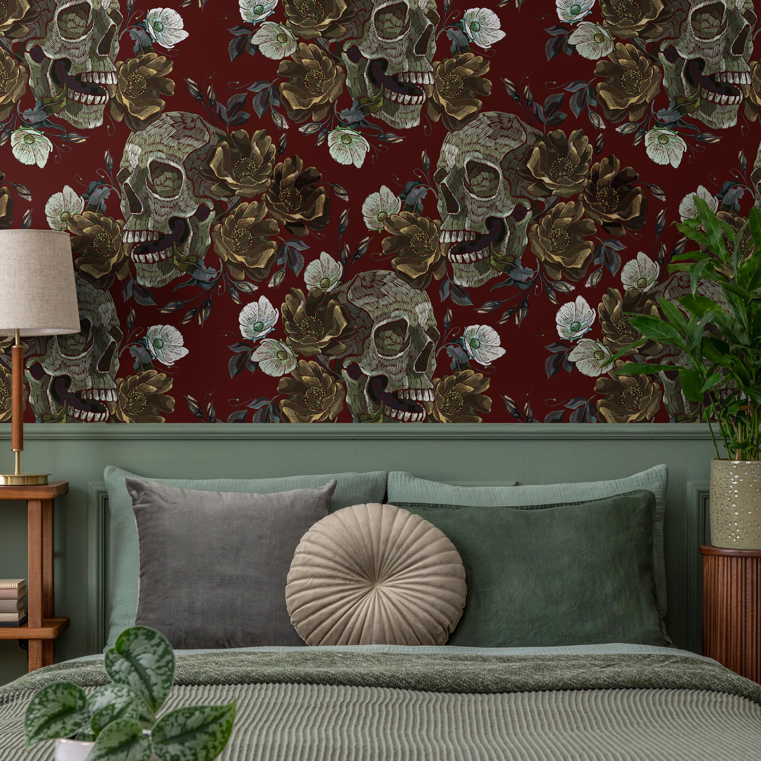 Gothic Wallpaper With Embroidered Skulls And Roses In Red, Green, And Gray - D909