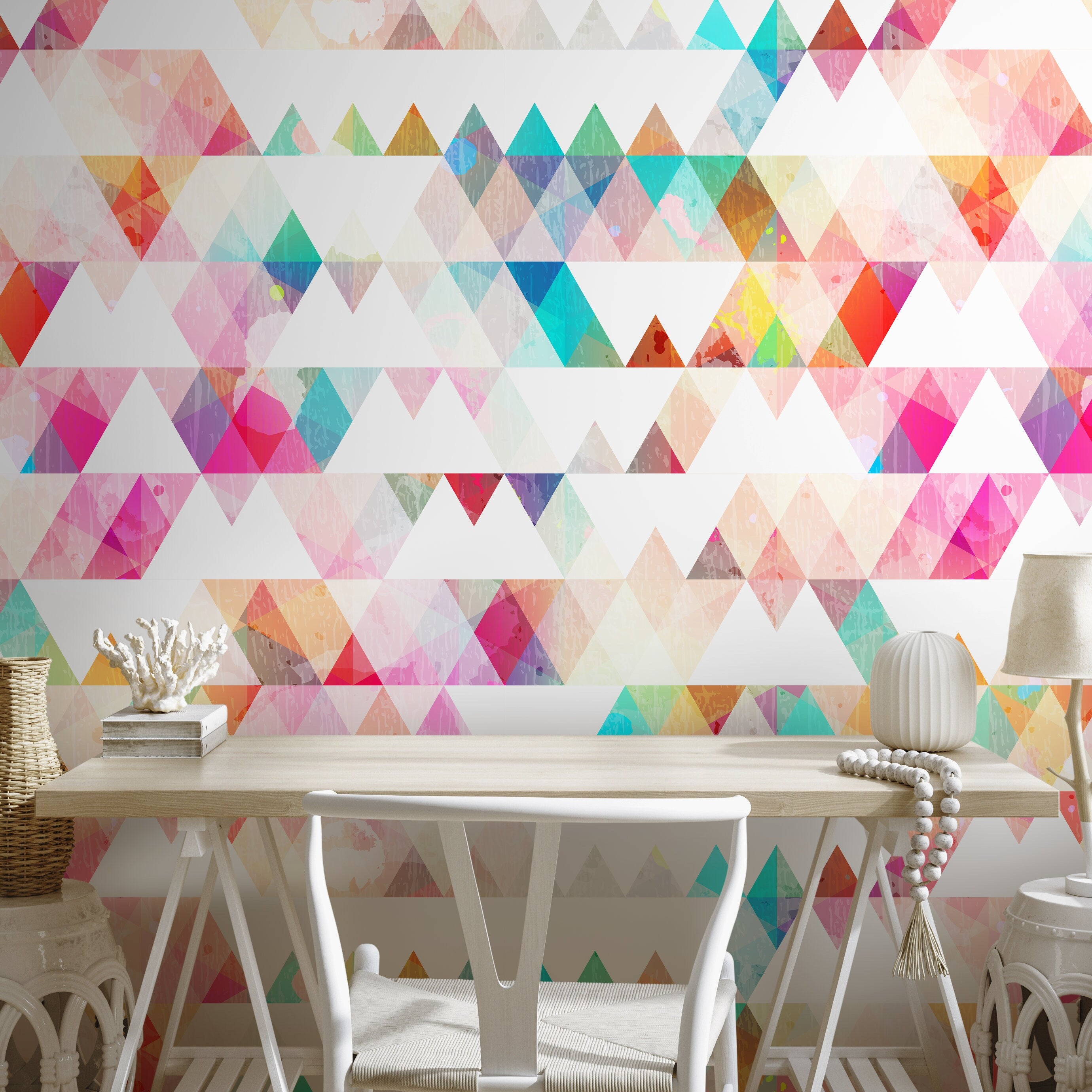 Geometric Wallpaper With Watercolor Triangles In Pink, Teal, And Yellow - A154
