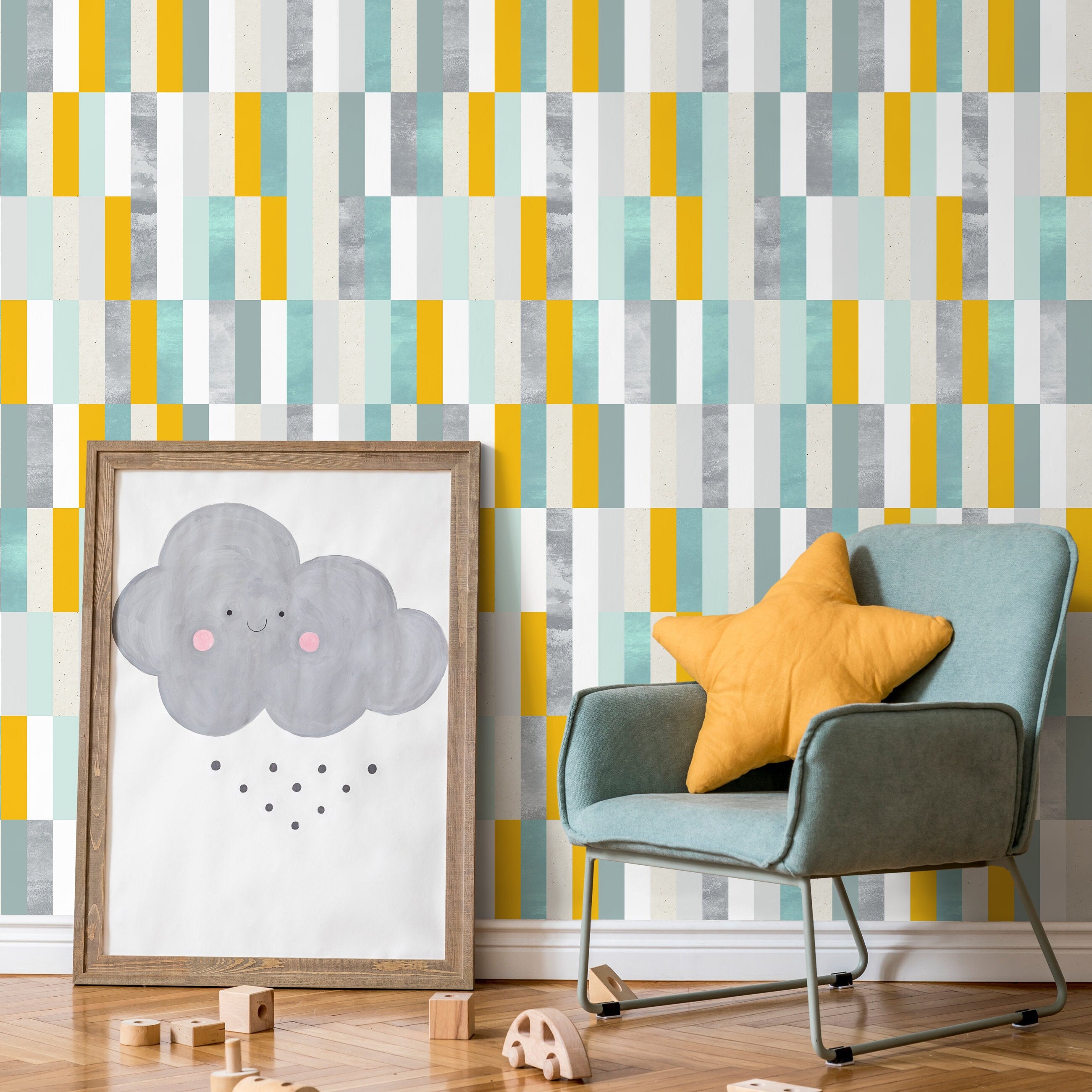 Geometric Wallpaper With Textured Vertical Stripes In Yellow, Blue, And Gray - A177