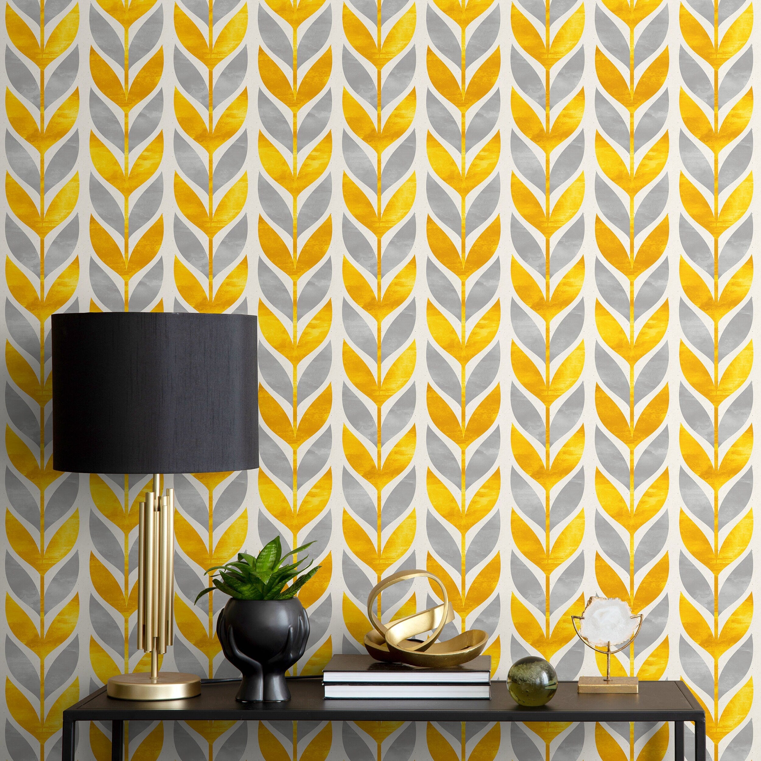 Scandinavian Wallpaper With A Stylized Leaf Motif In Yellow And Grey - A179