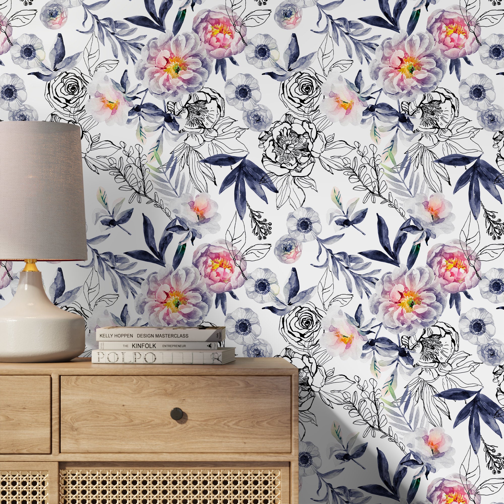 Floral Wallpaper With Watercolor And Sketch Peonies In Blue, Pink, And Black - A190