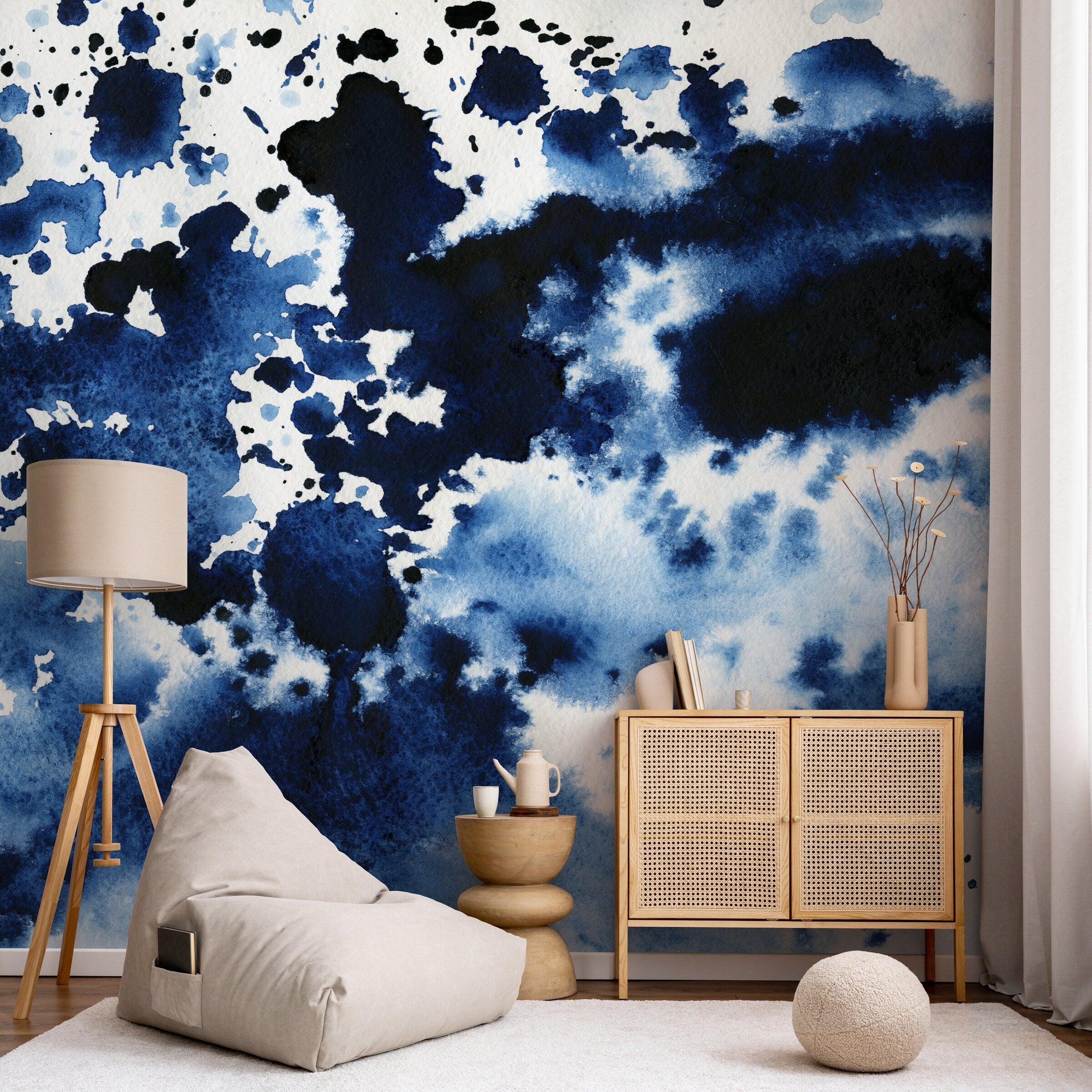Abstract Wallpaper With An Indigo Ink Wash In Blue And Black - A223