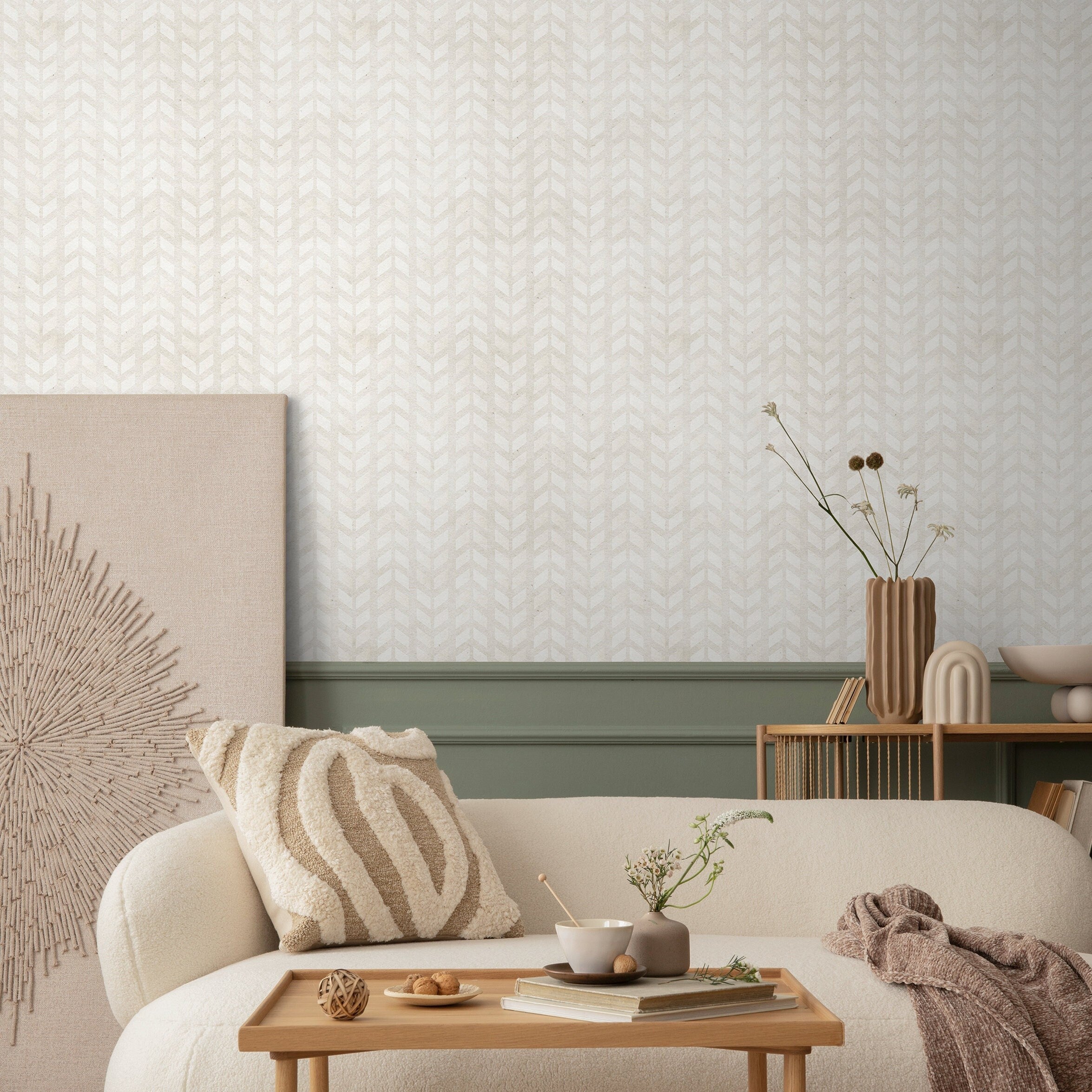 Geometric Wallpaper With A Subtle Chevron Motif In Beige And Off-white - A293
