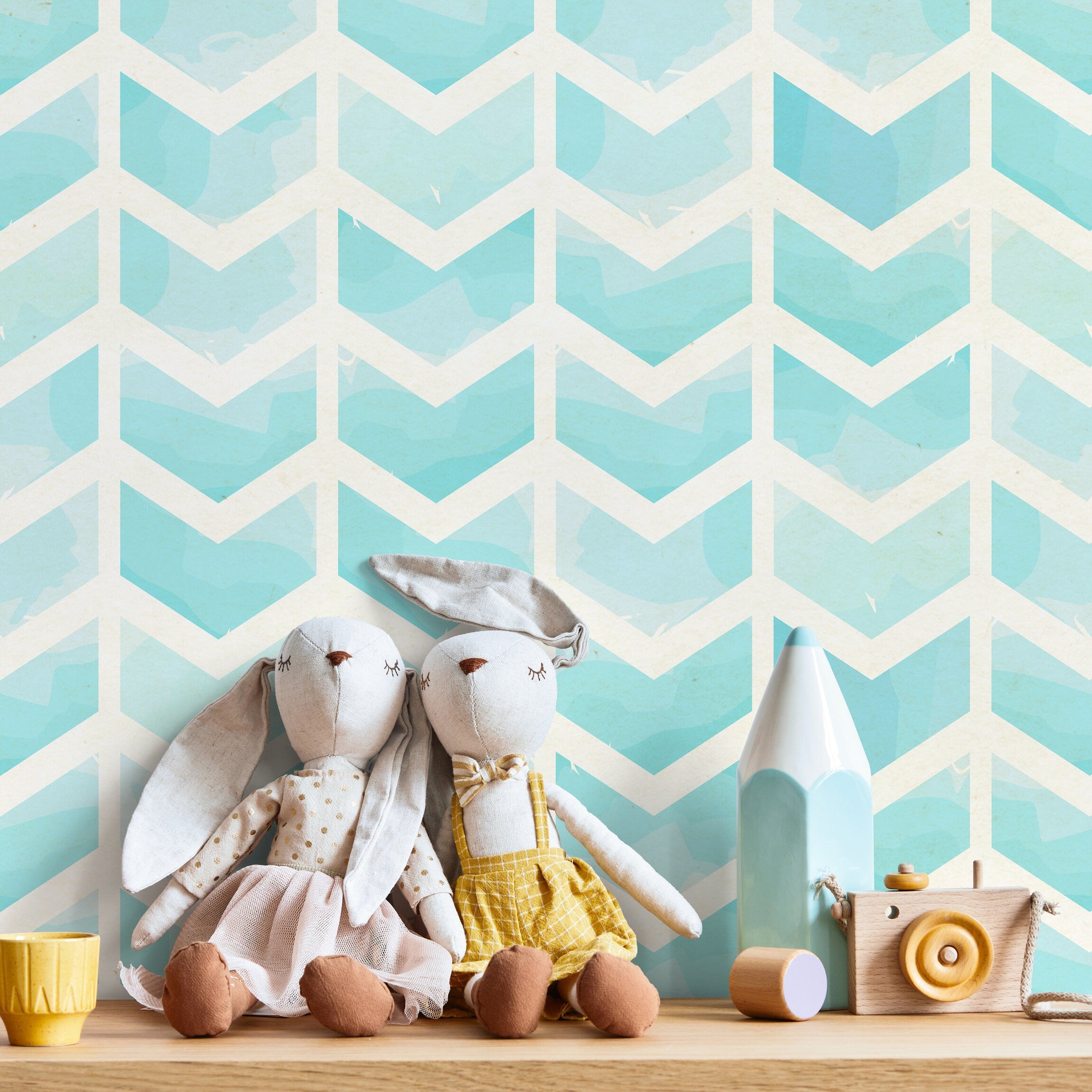 Herringbone Wallpaper With A Watercolor Chevron Motif In Blue And Cream - A297
