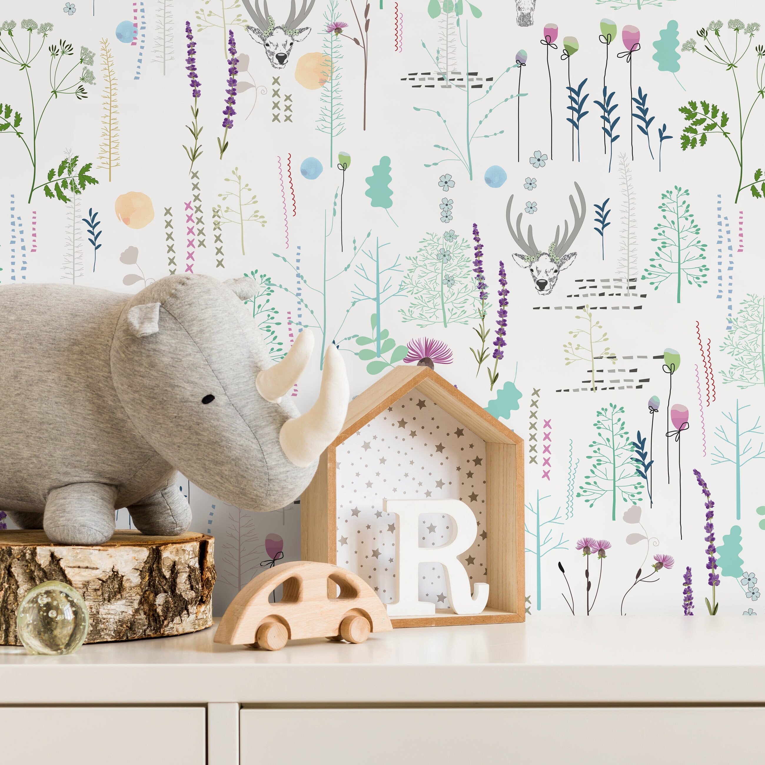 Floral Wallpaper With A Whimsical Deer Motif In Green And Purple - A303