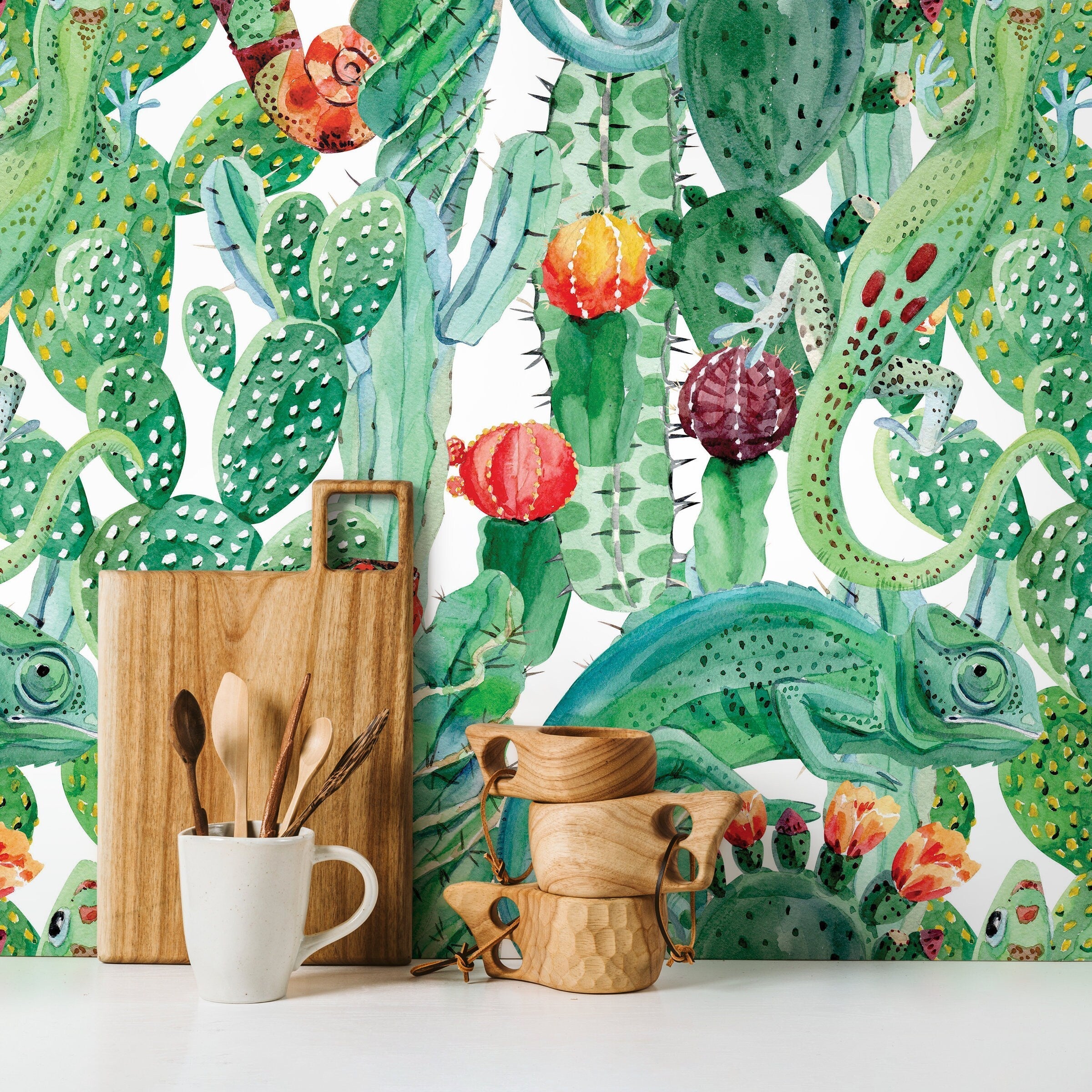 Tropical Wallpaper Featuring Chameleons And Cacti In Green, Orange, And Red - A315