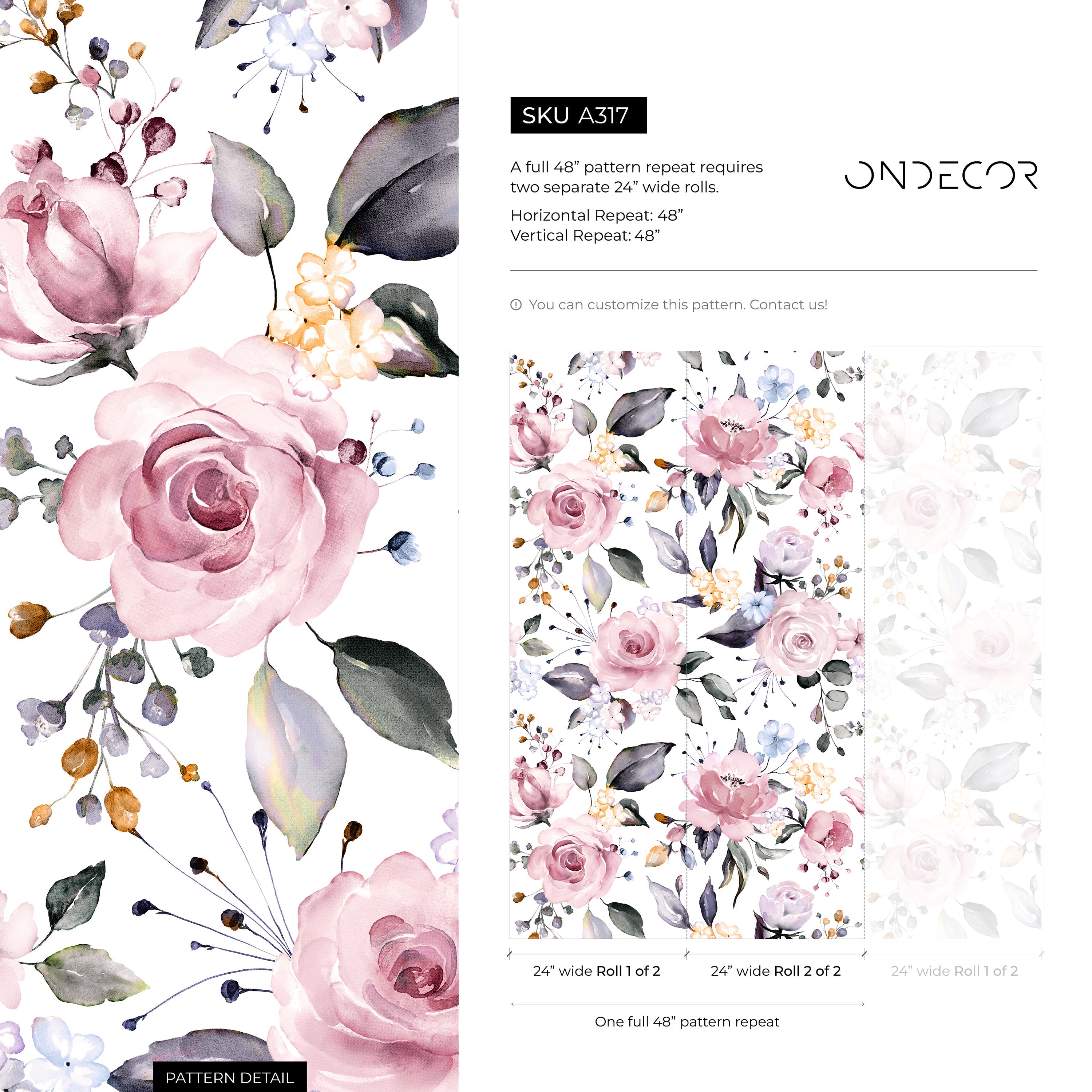 Floral Wallpaper Featuring A Watercolor Bouquet In Pink, Blue, And Grey - A317