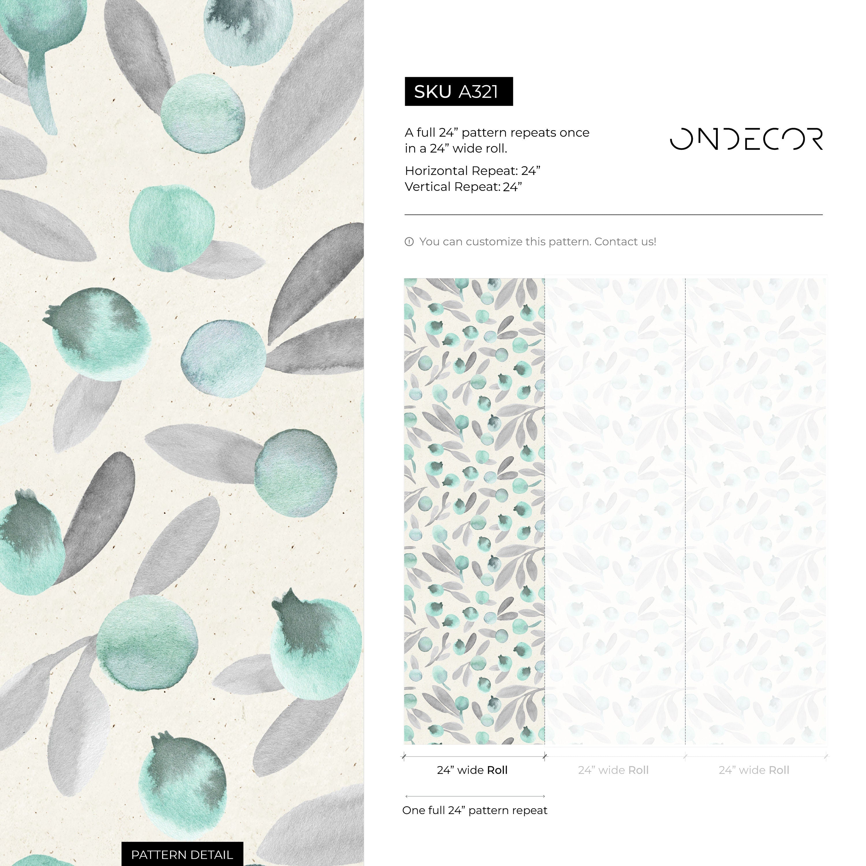 Botanical Wallpaper With A Watercolor Berry Motif In Mint Green And Gray - A321