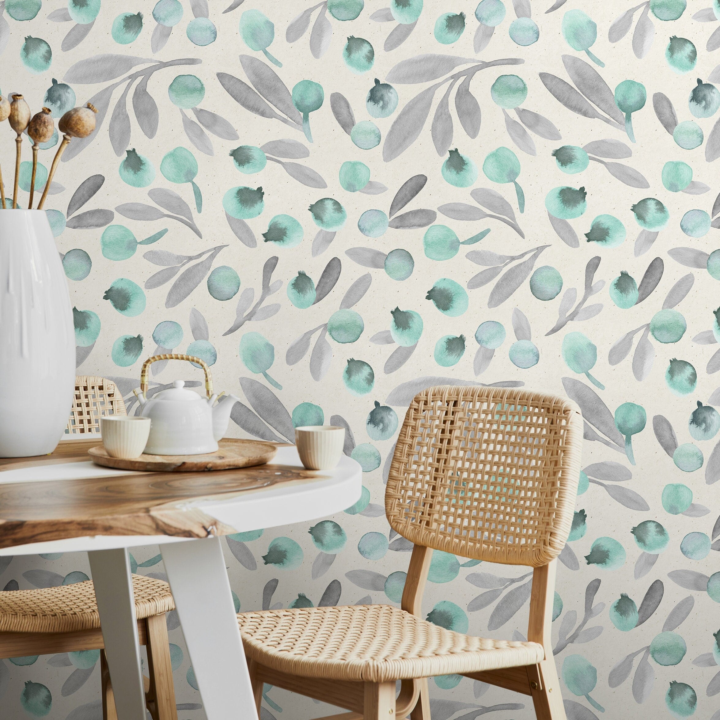 Botanical Wallpaper With A Watercolor Berry Motif In Mint Green And Gray - A321