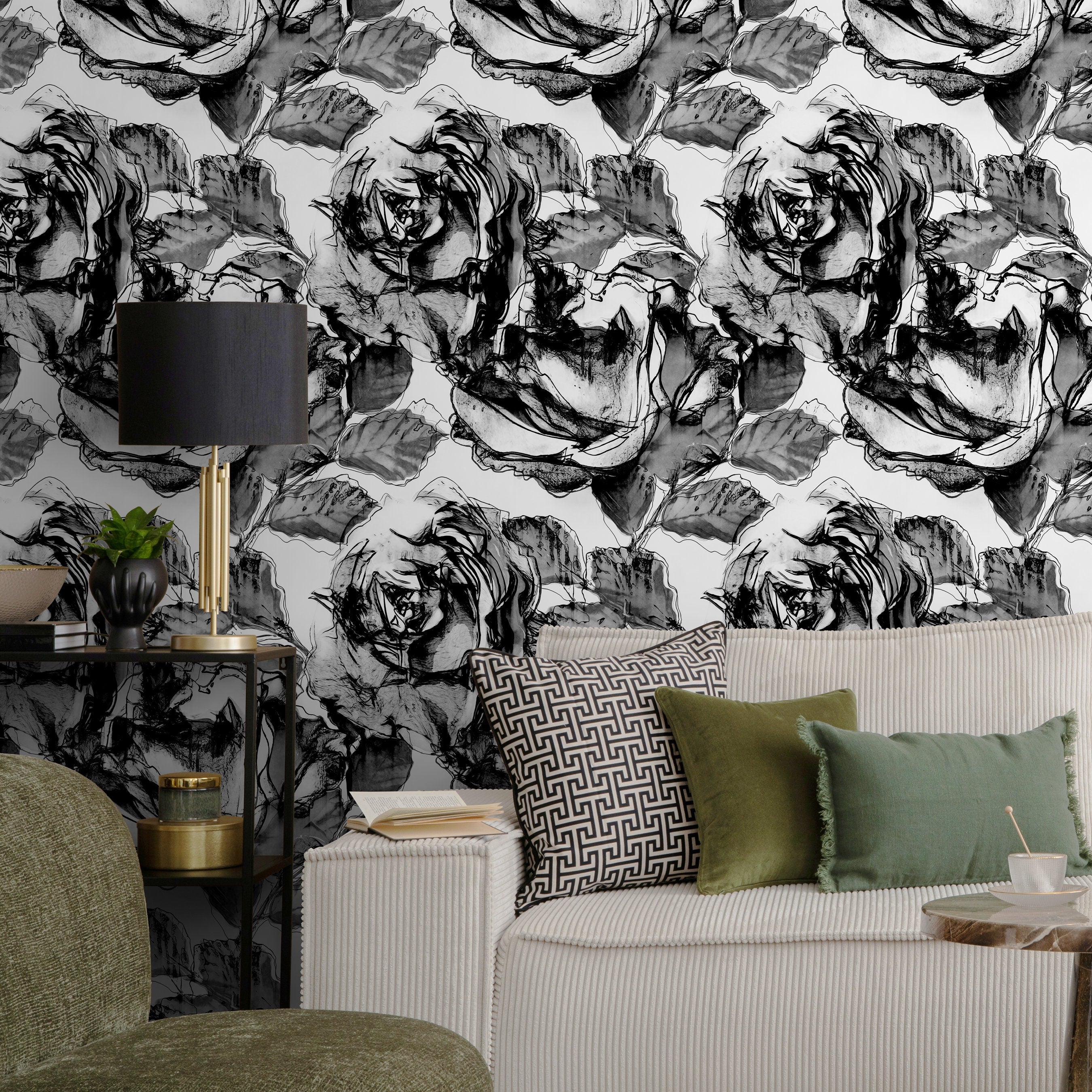 Floral Wallpaper With Abstract Sketched Roses In Black, White, And Gray - A403