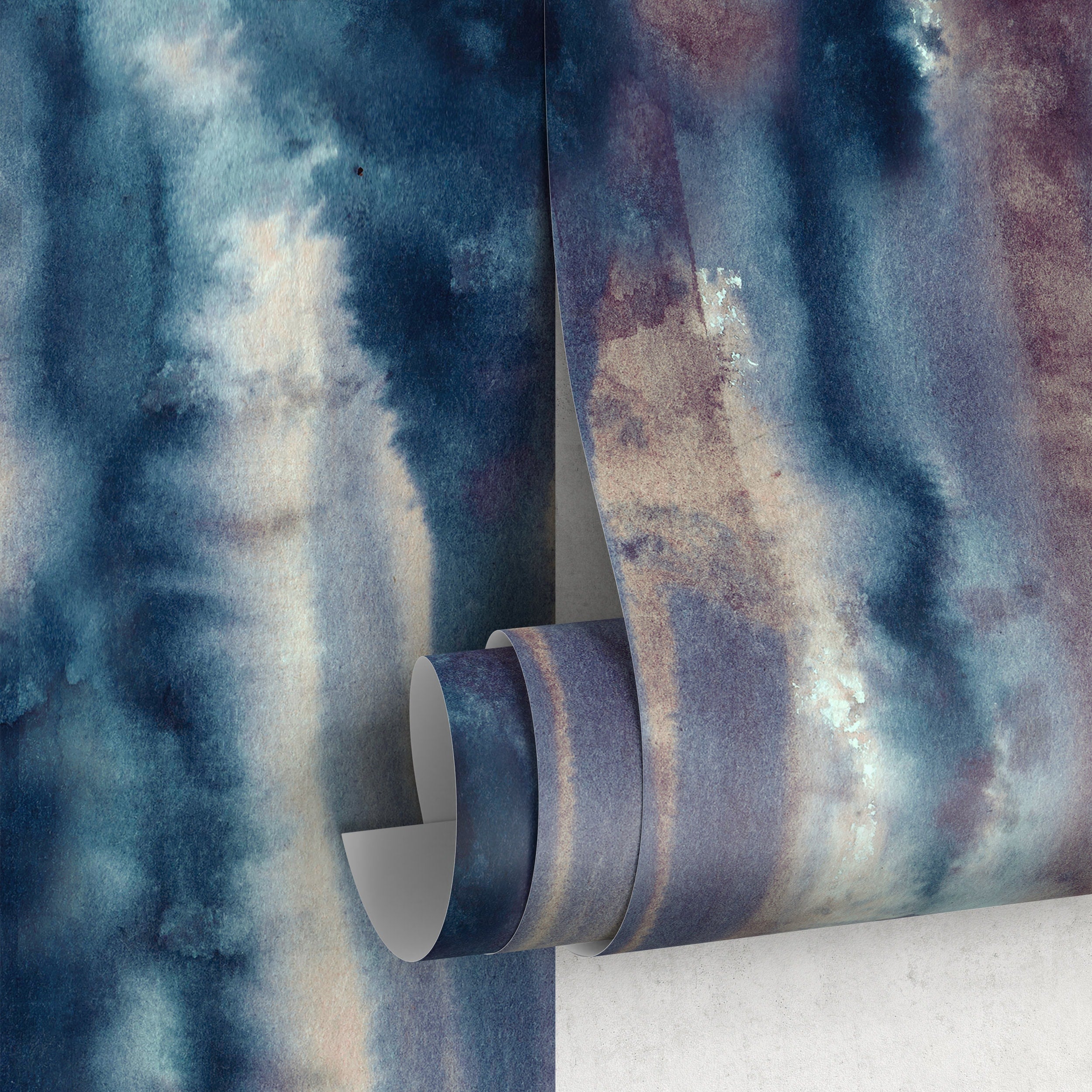 Abstract Wallpaper With A Vertical Watercolor Wash In Navy Blue, Brown, And Taupe - A405