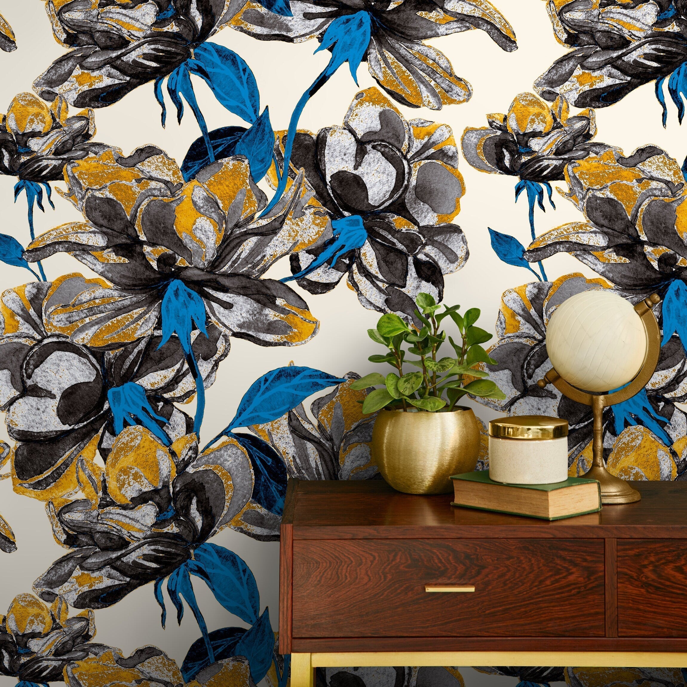 Floral Wallpaper With Stylized Blooms In Black, Yellow, And Blue - A410