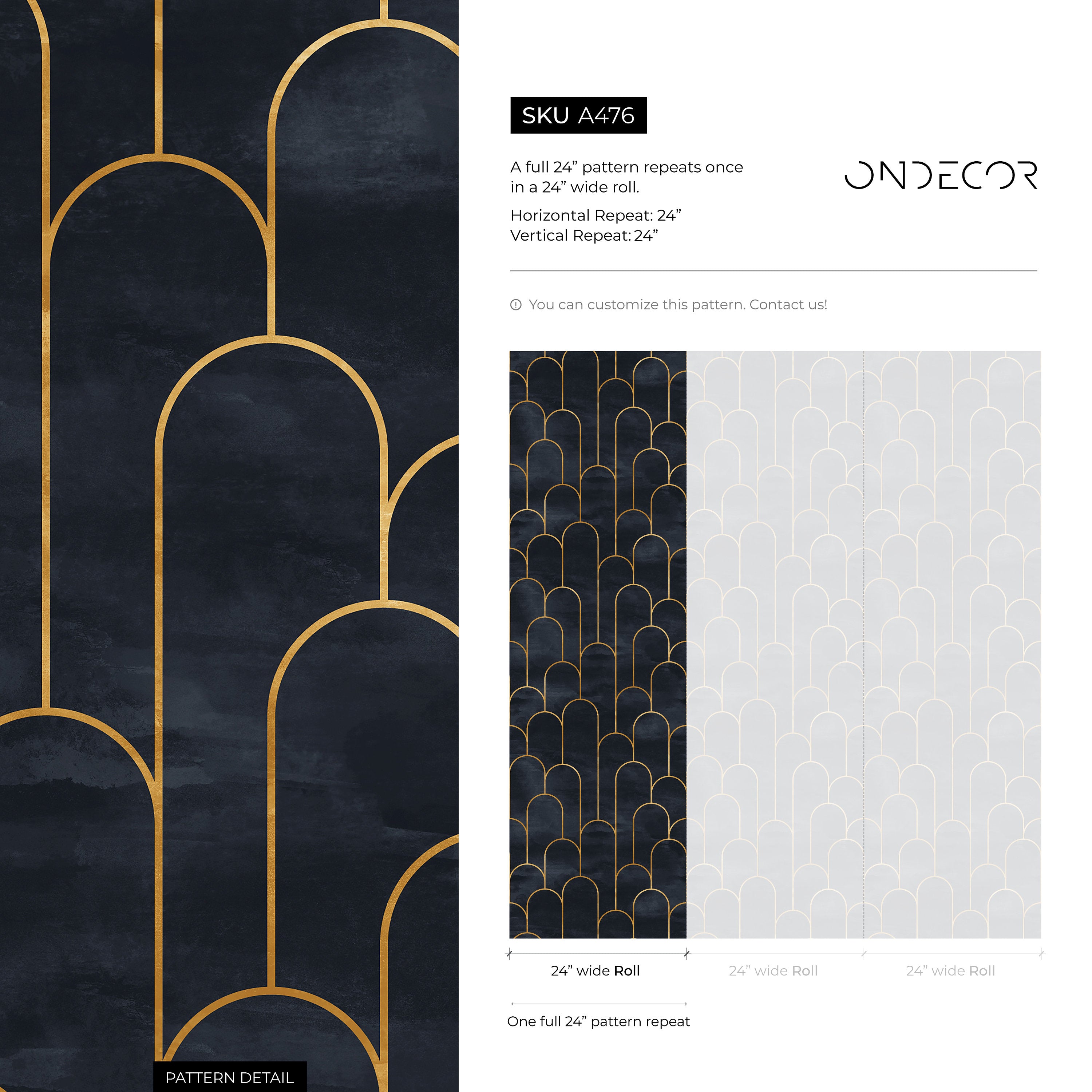 Art Deco Wallpaper With A Geometric Arch Pattern In Navy Blue And Gold - A476
