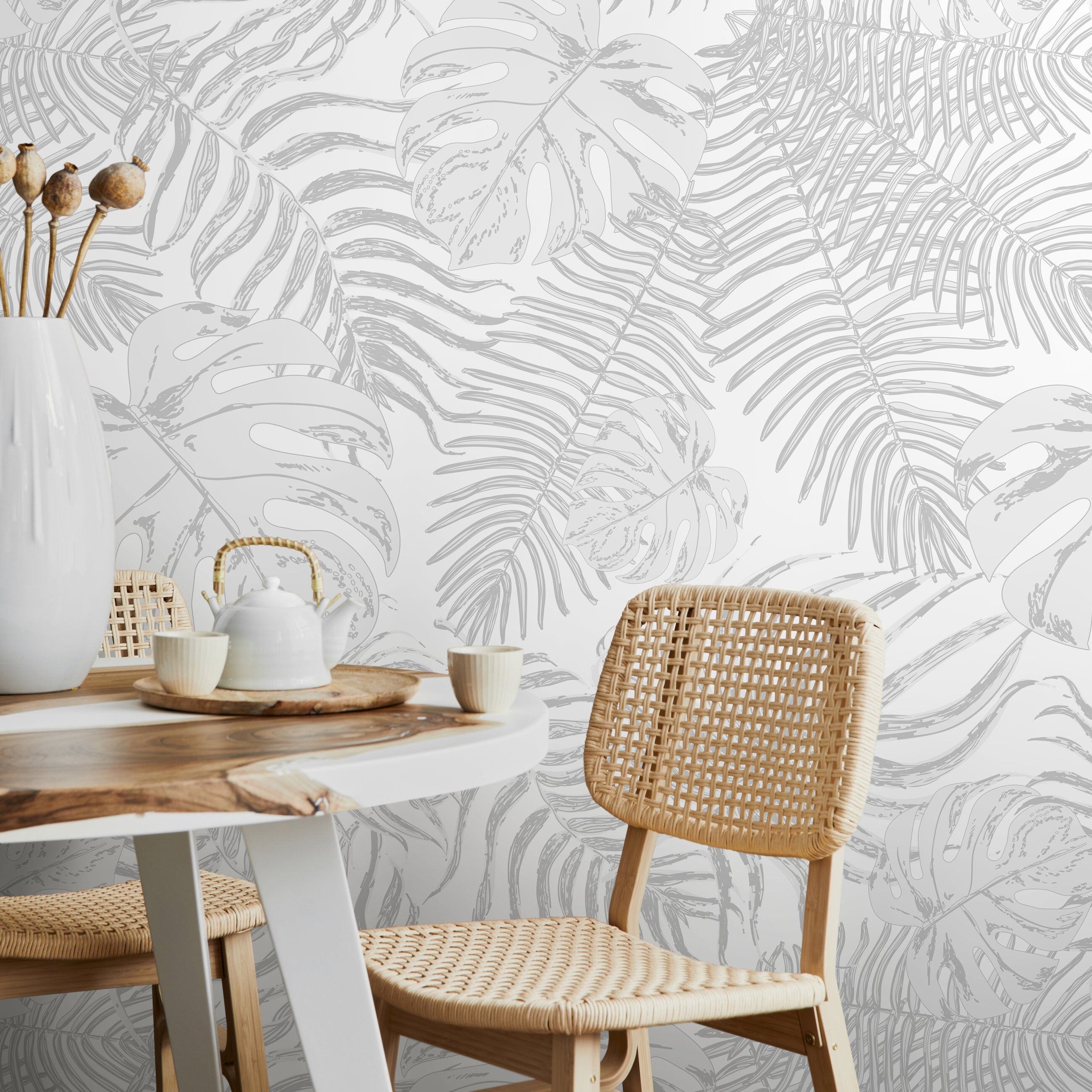 Tropical Wallpaper With Layered Palm And Monstera Leaves In Grey - A561