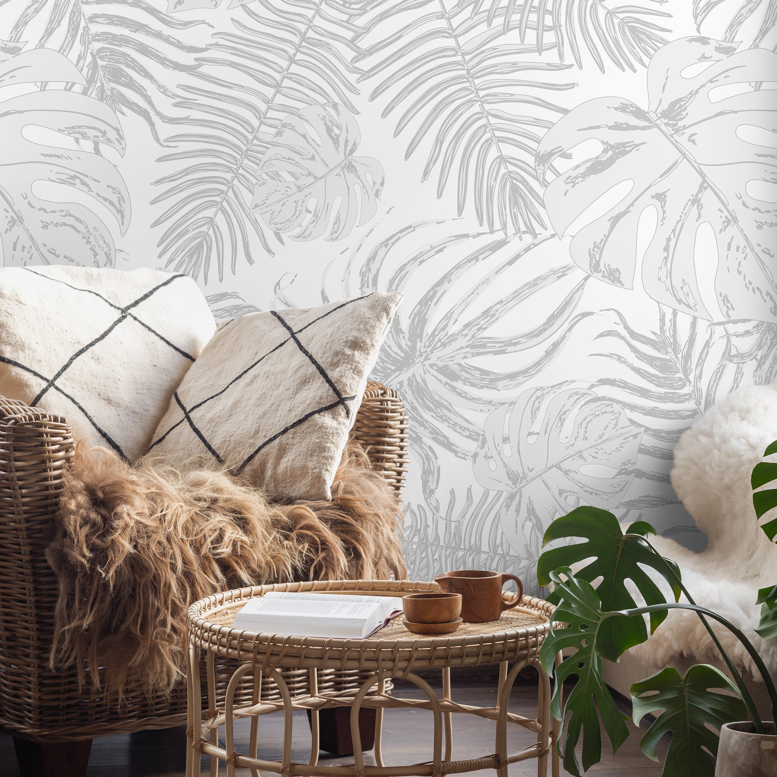 Tropical Wallpaper With Layered Palm And Monstera Leaves In Grey - A561