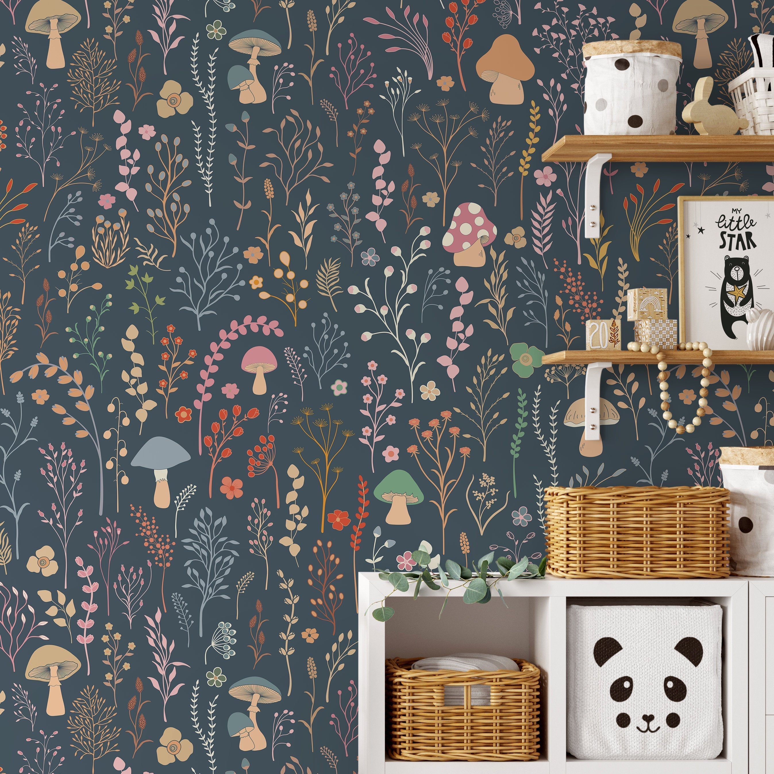 Botanical Wallpaper Featuring Mushrooms And Wildflowers In Pink And Orange - D910