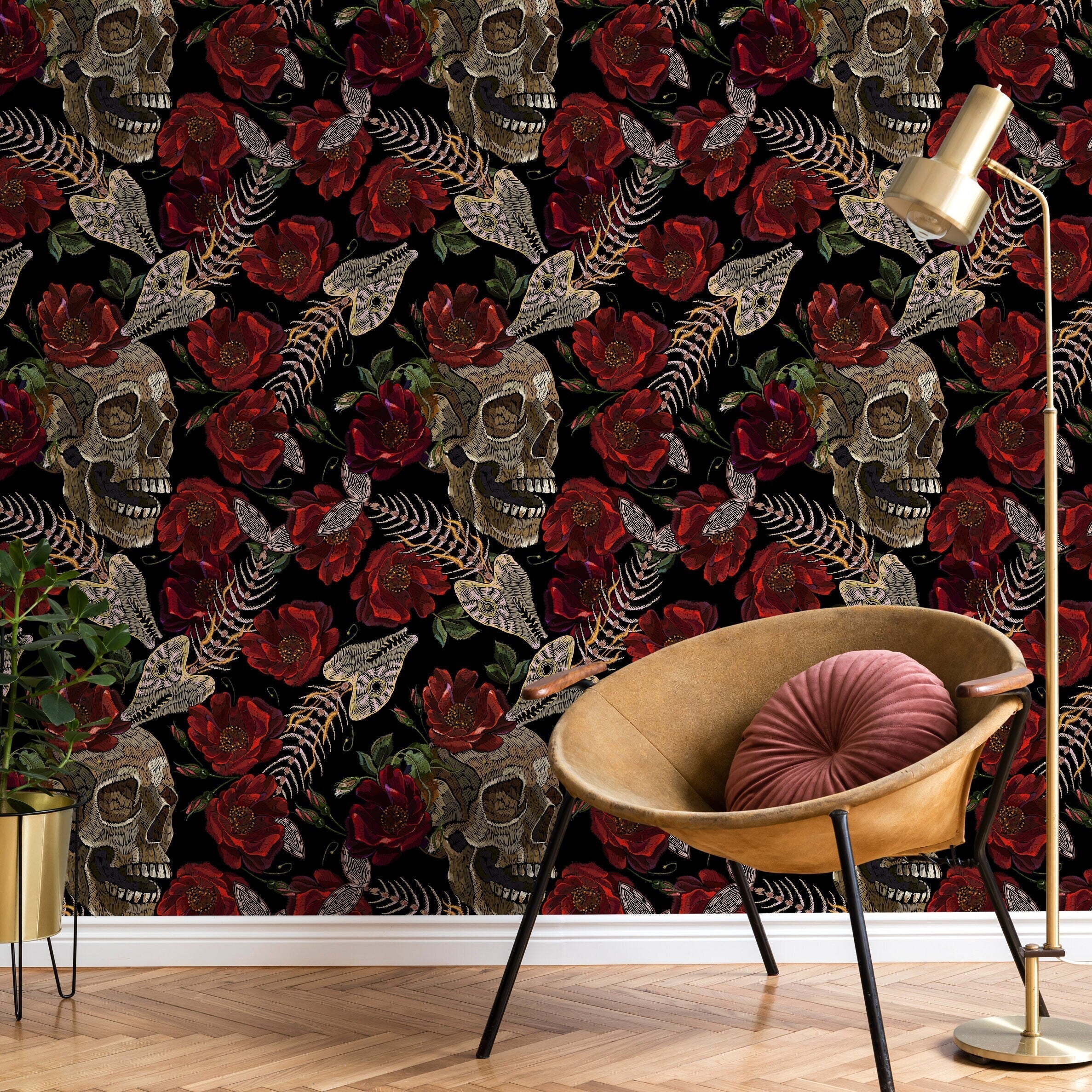 Gothic Wallpaper Featuring Embroidered Skulls And Roses In Red And Brown - D914