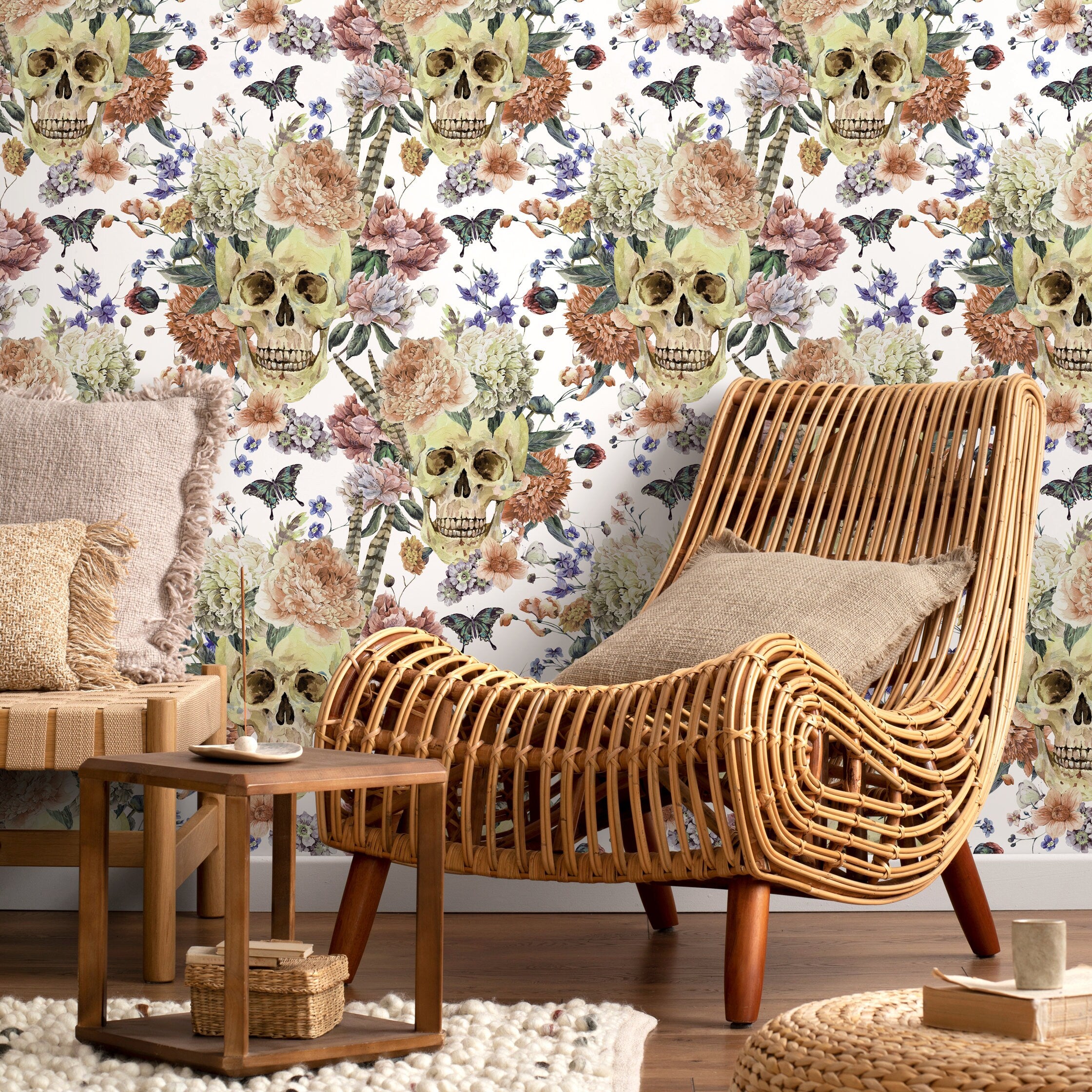 Floral Wallpaper With A Gothic Skull Motif In Peach, Purple, And Tan - D923