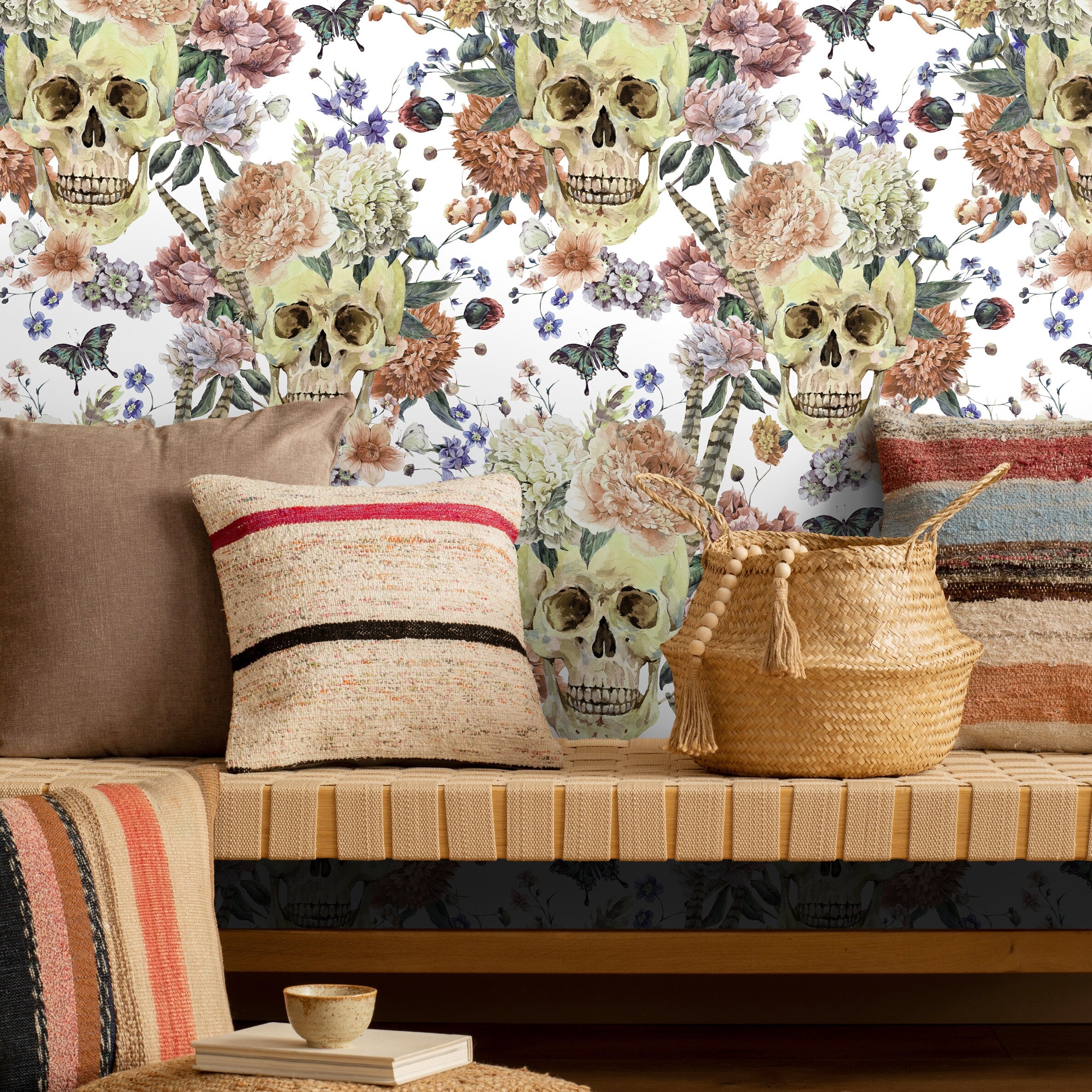 Floral Wallpaper With A Gothic Skull Motif In Peach, Purple, And Tan - D923