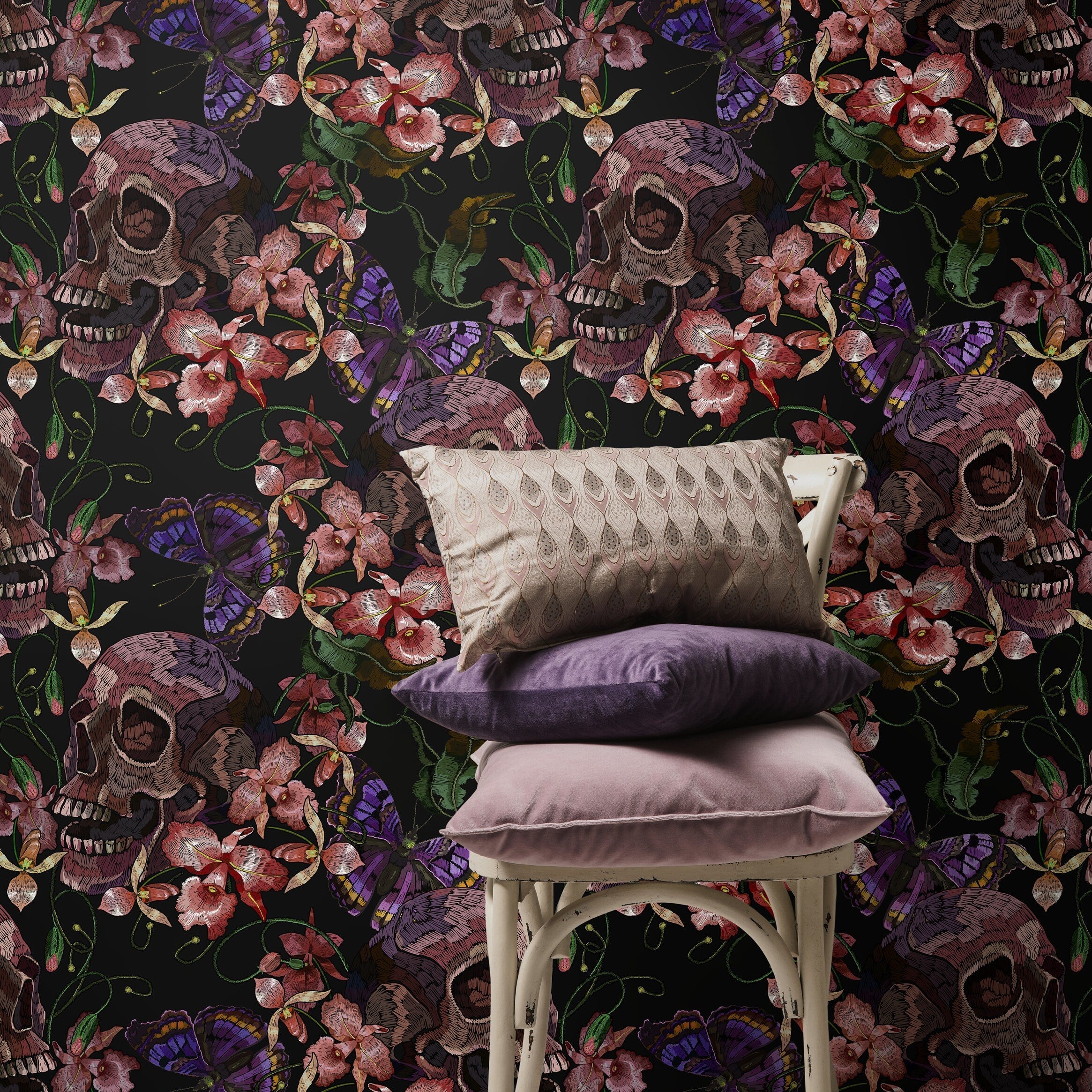 Gothic Wallpaper With Embroidered Skulls And Butterflies In Purple And Pink - D898