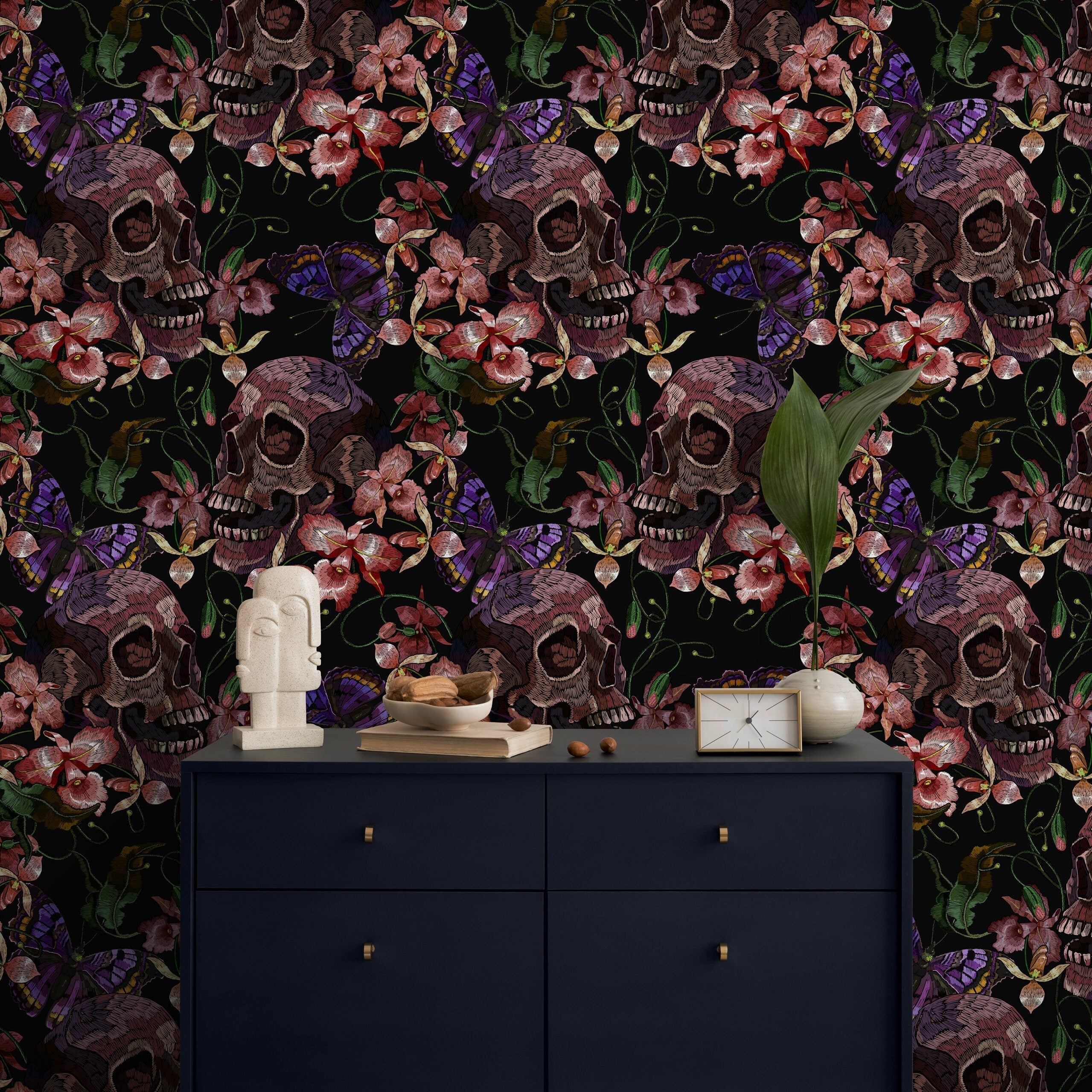 Gothic Wallpaper With Embroidered Skulls And Butterflies In Purple And Pink - D898