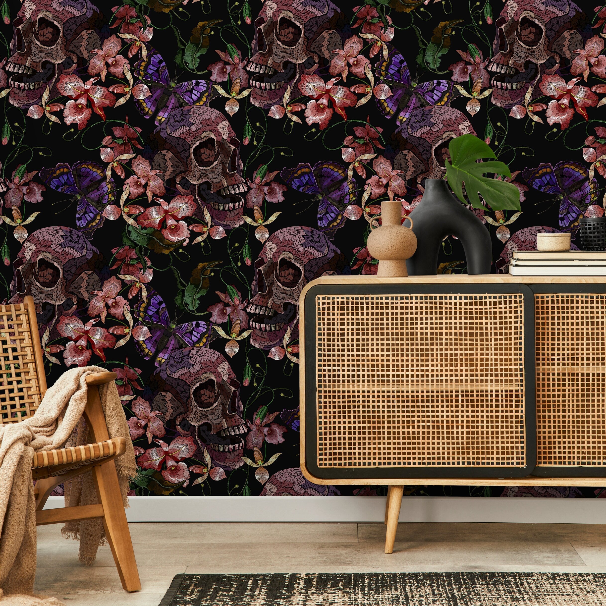 Gothic Wallpaper With Embroidered Skulls And Butterflies In Purple And Pink - D898