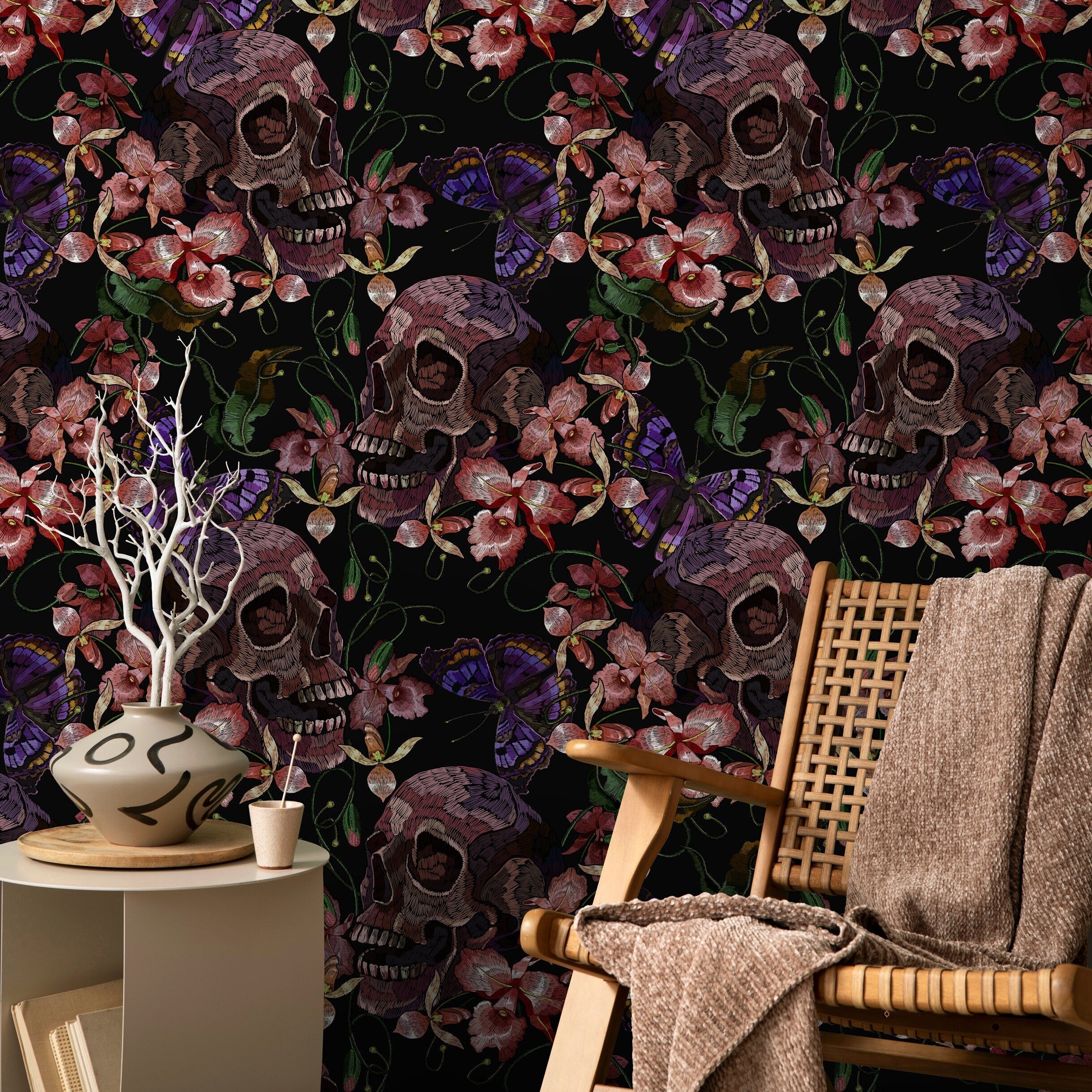 Gothic Wallpaper With Embroidered Skulls And Butterflies In Purple And Pink - D898