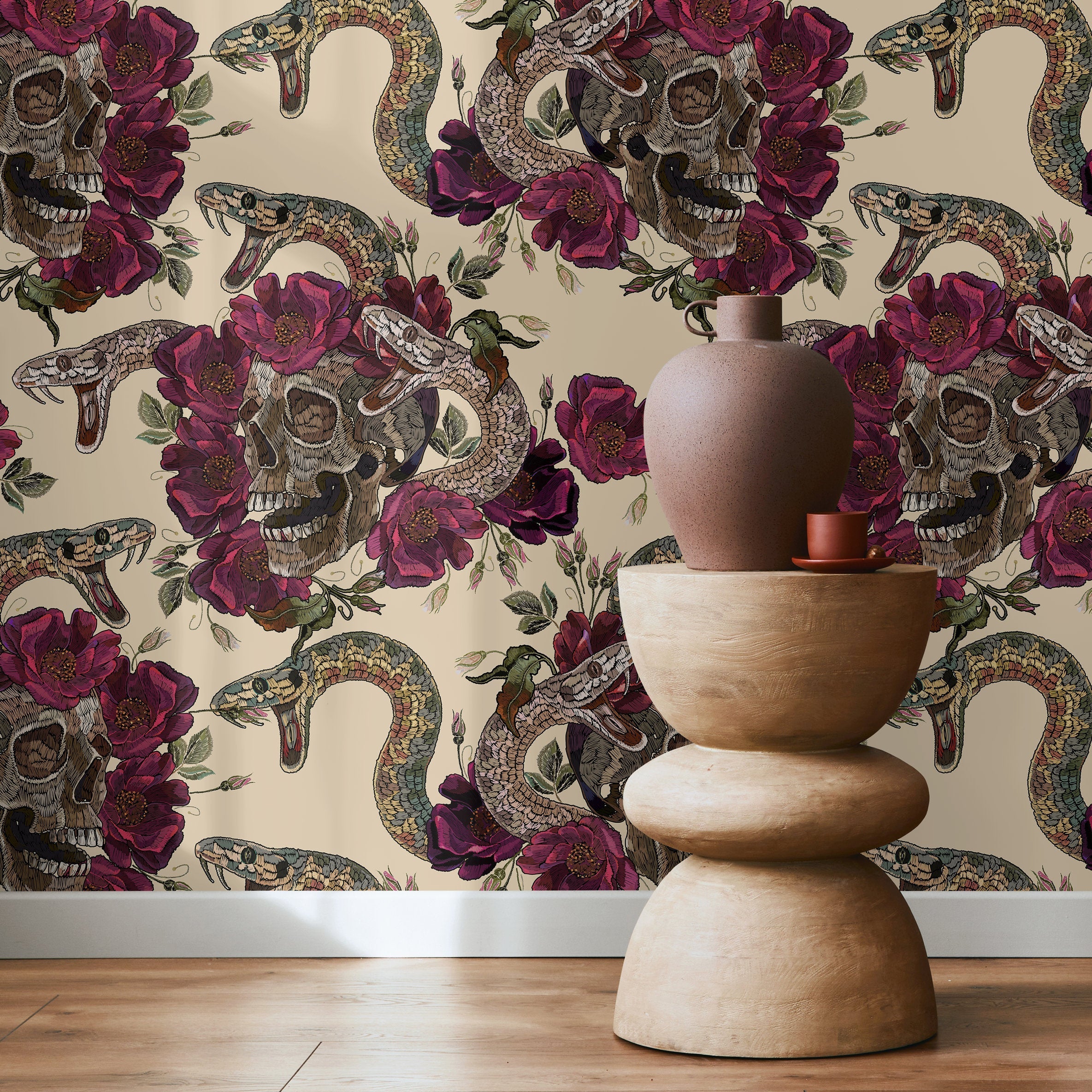Gothic Wallpaper With Skulls, Snakes, And Roses In Burgundy And Brown - D902