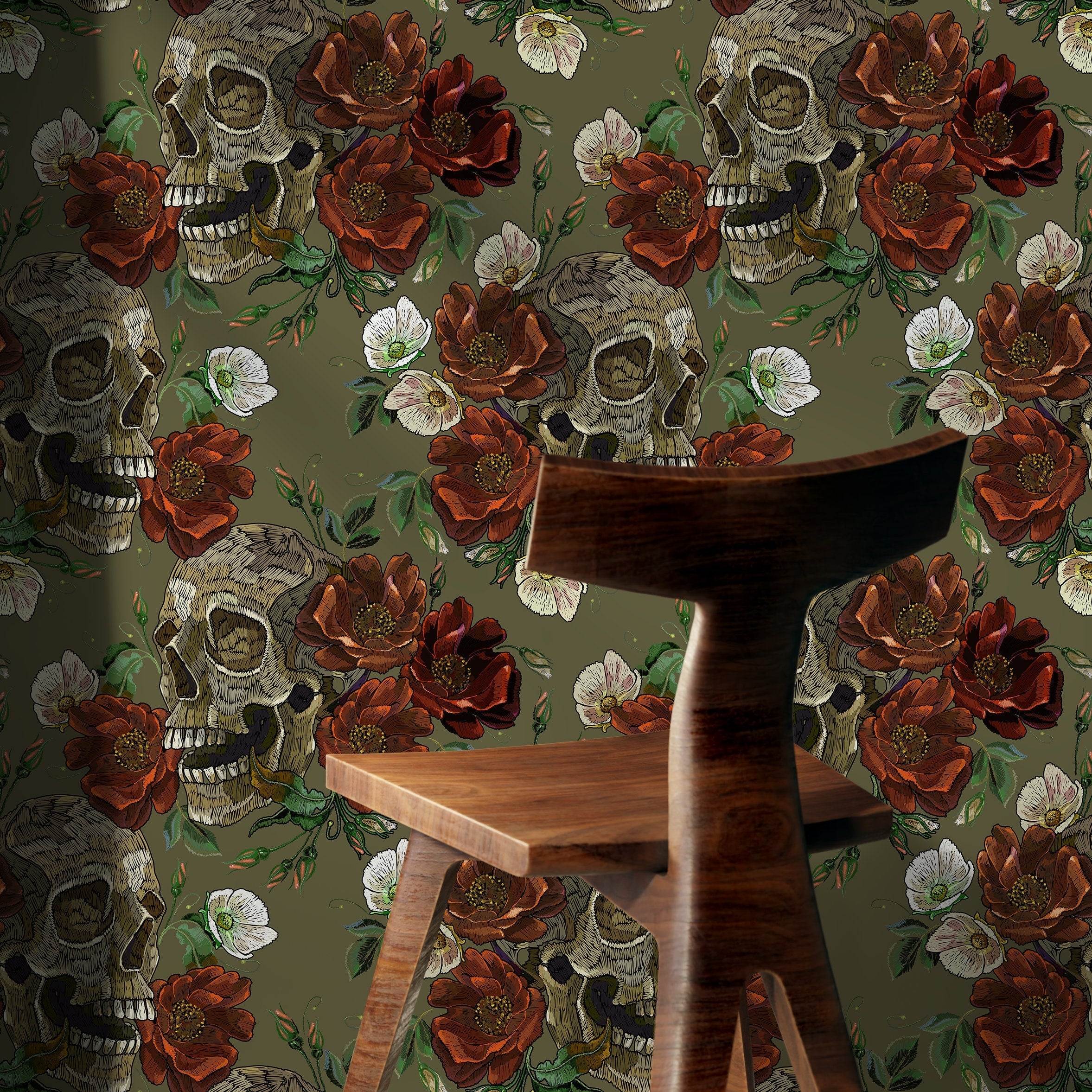 Gothic Wallpaper With Skulls And Roses In Green And Red - D904