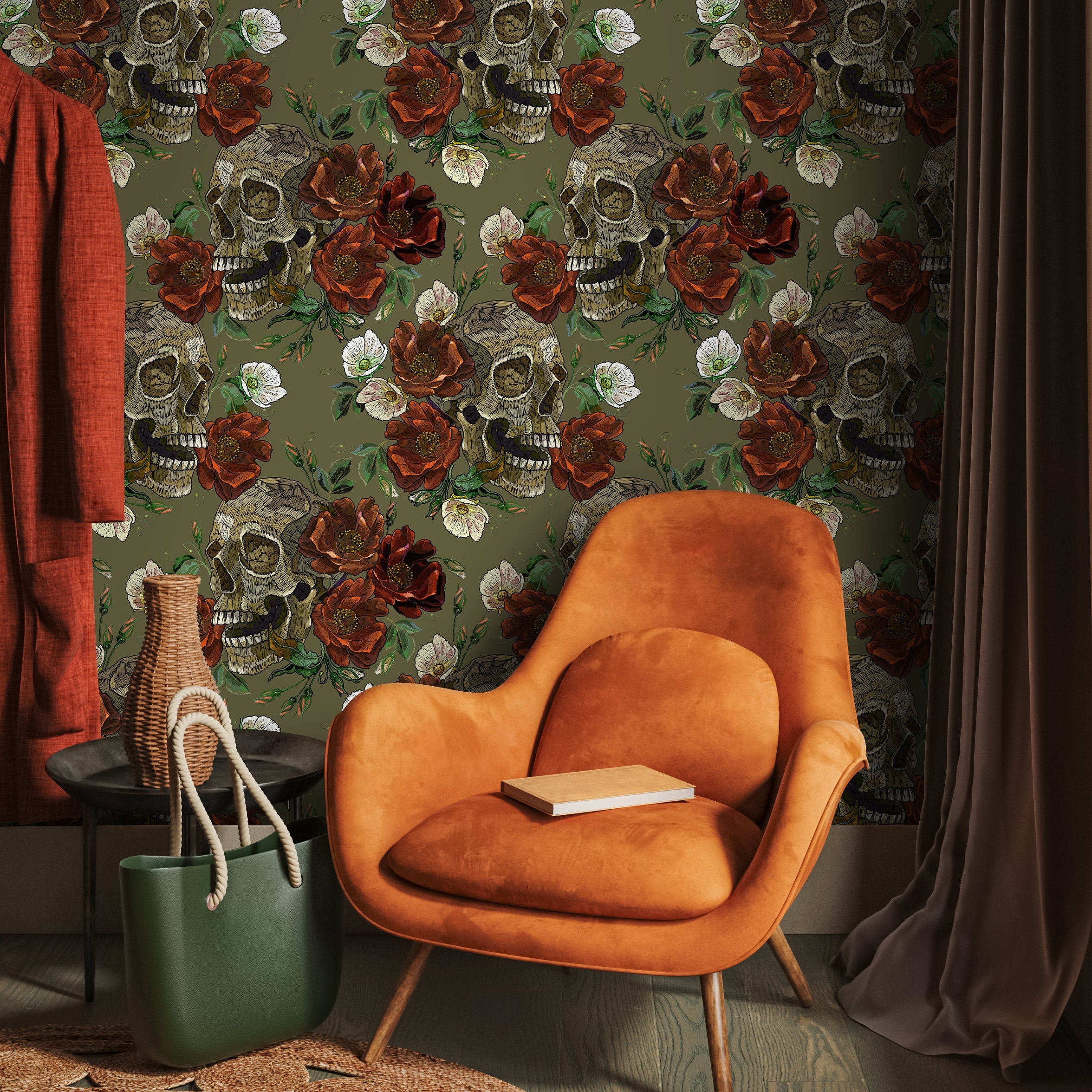 Gothic Wallpaper With Skulls And Roses In Green And Red - D904