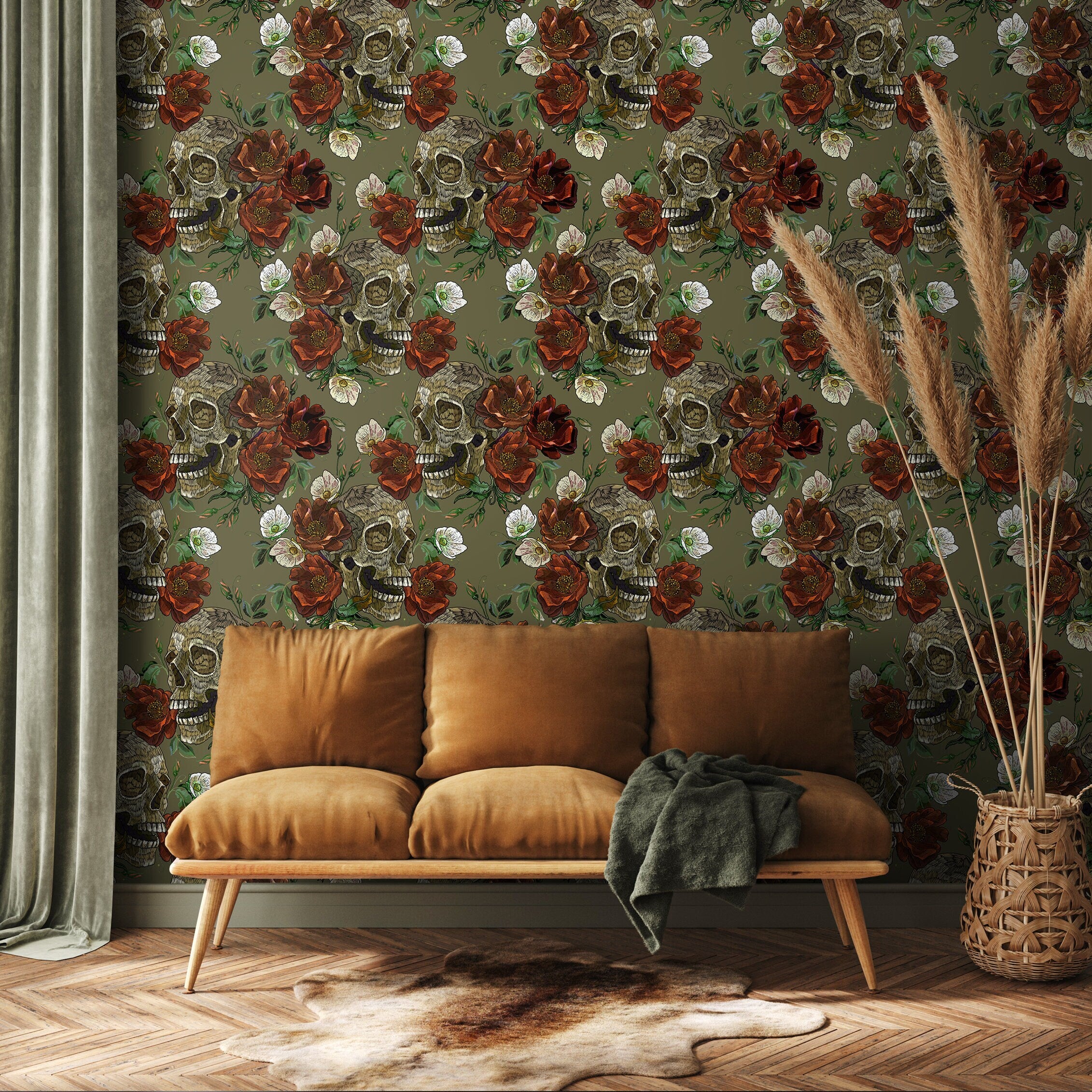 Gothic Wallpaper With Skulls And Roses In Green And Red - D904
