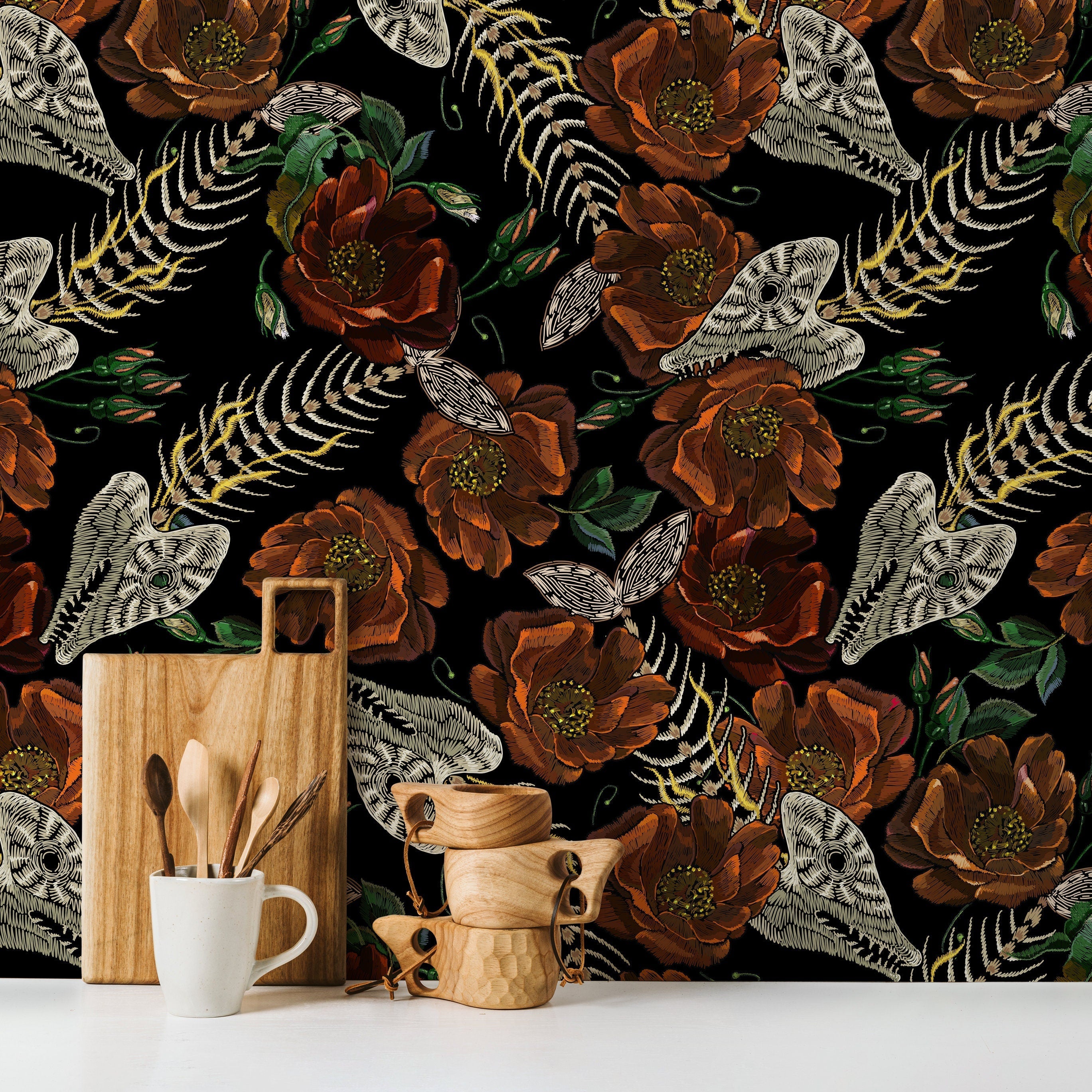 Gothic Botanical Wallpaper With Moths And Skeletons In Rust And Cream - D913