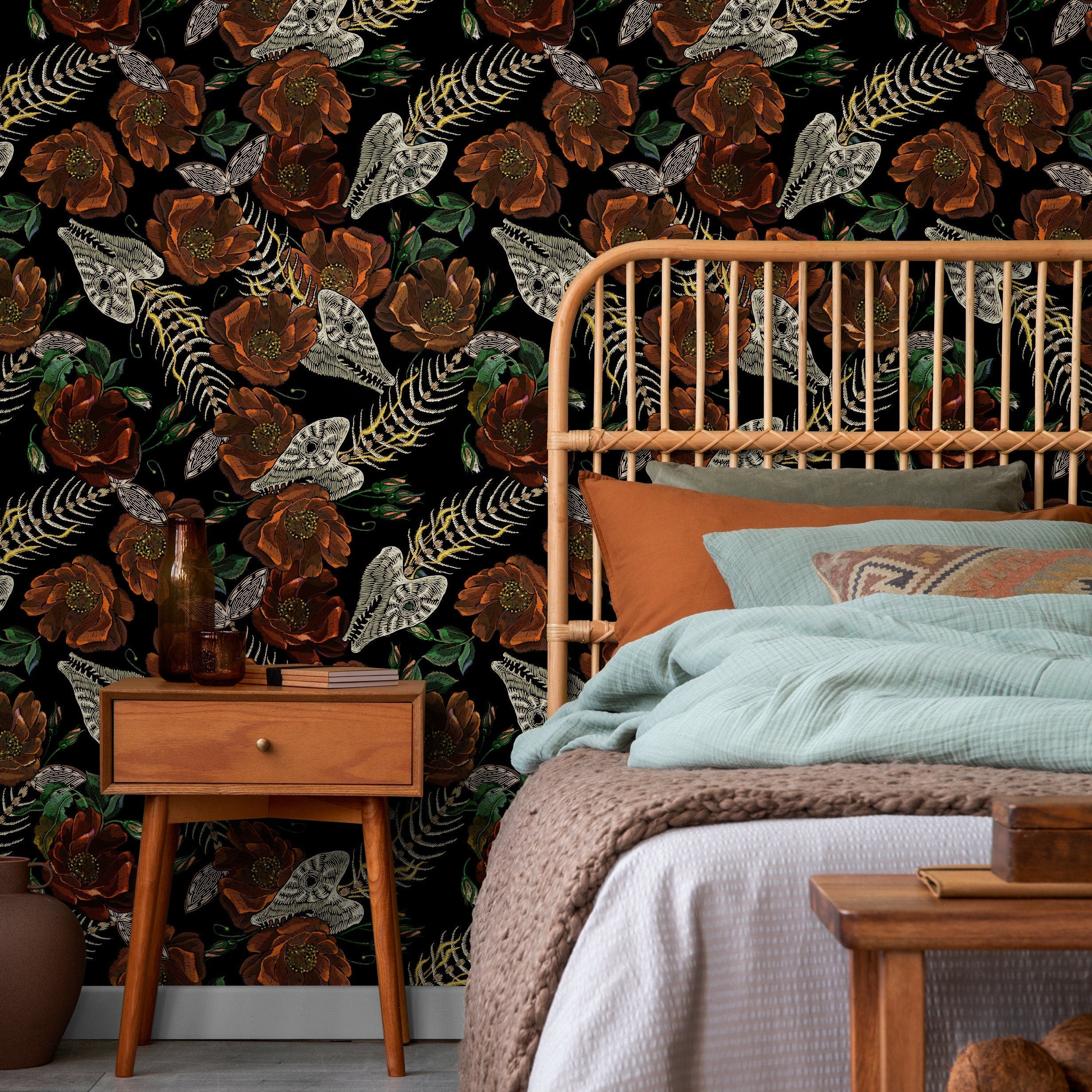 Gothic Botanical Wallpaper With Moths And Skeletons In Rust And Cream - D913