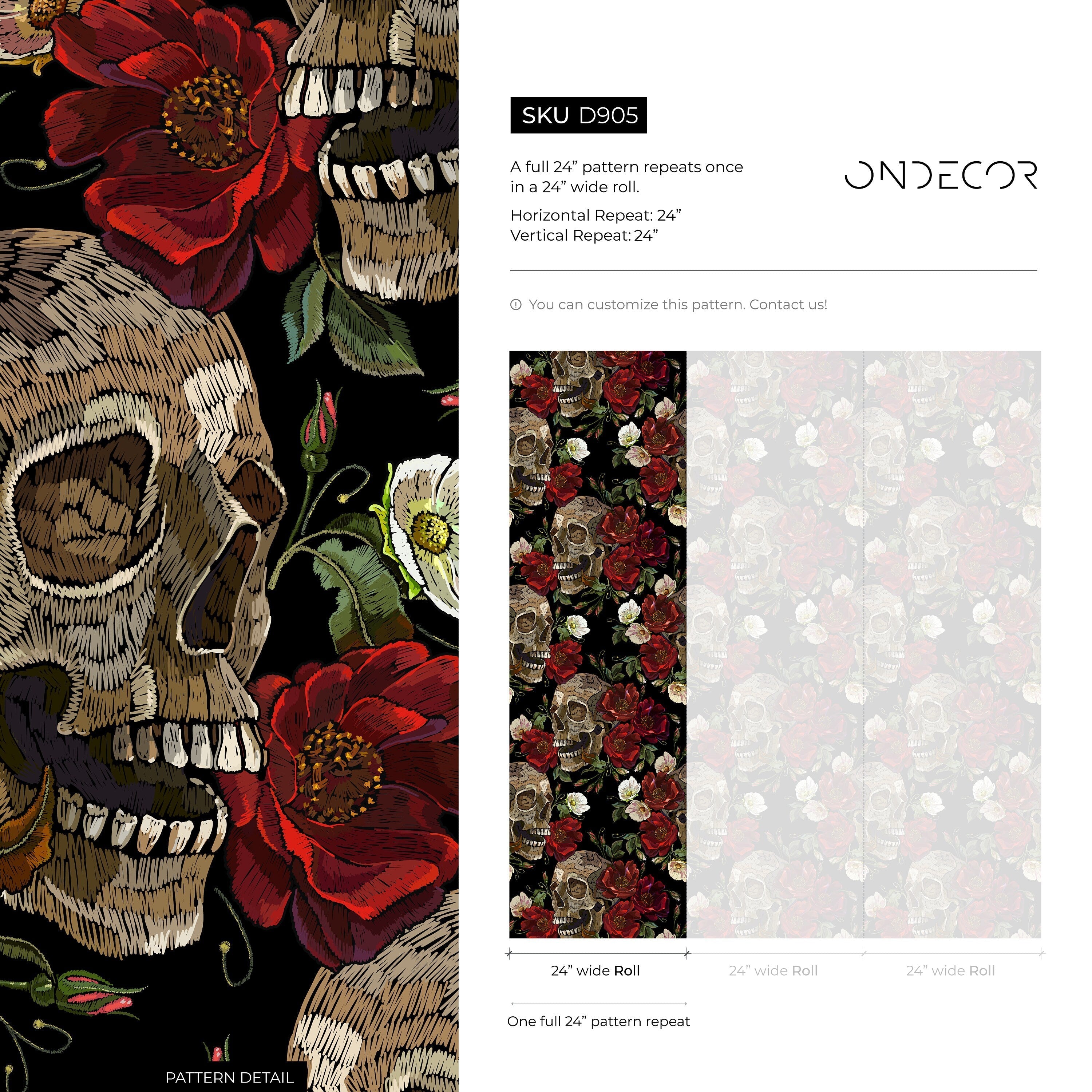 Gothic Wallpaper With Skulls And Roses In Black, Red, And Beige - D905