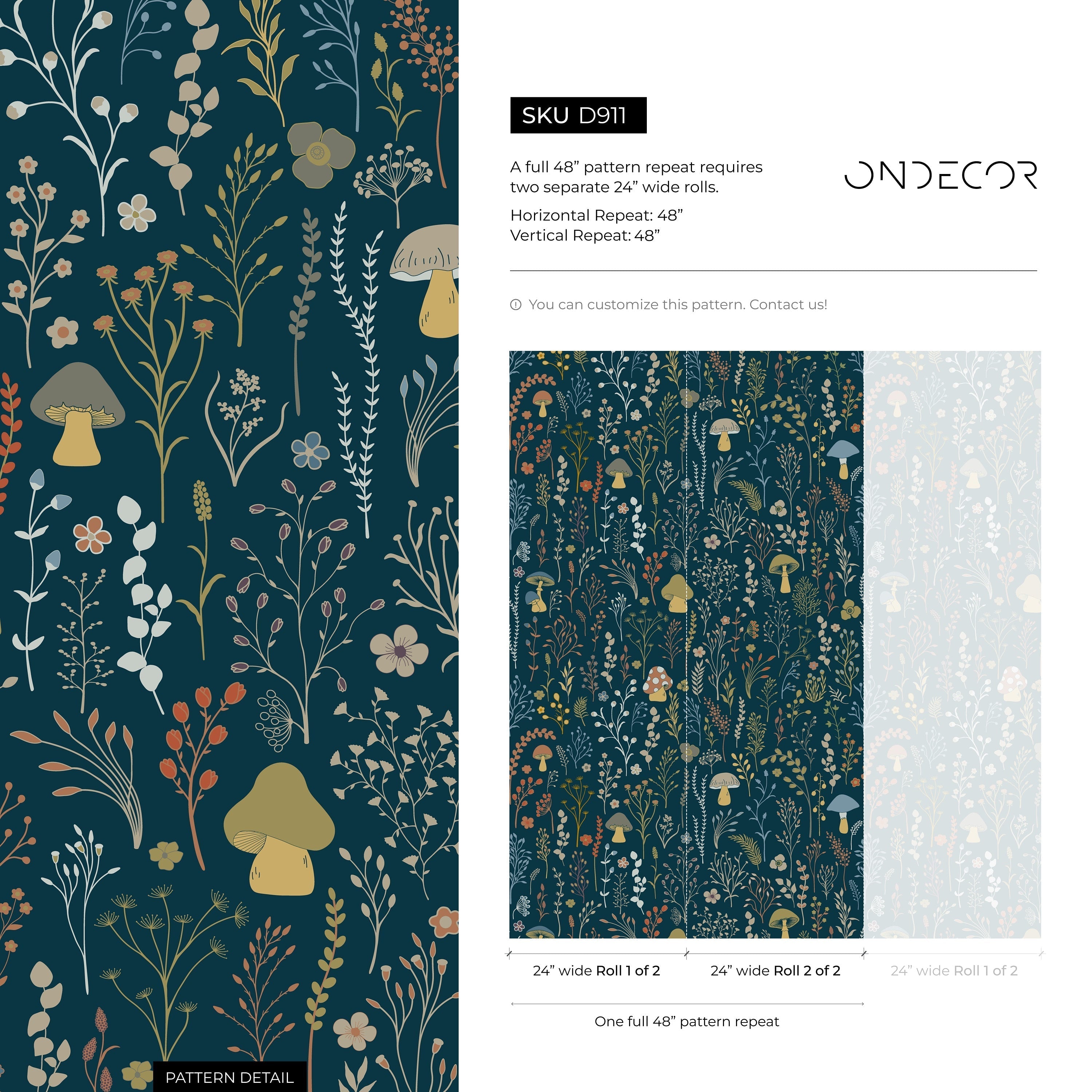 Botanical Wallpaper With Whimsical Mushrooms And Wildflowers In Teal, Green, And Orange - D911