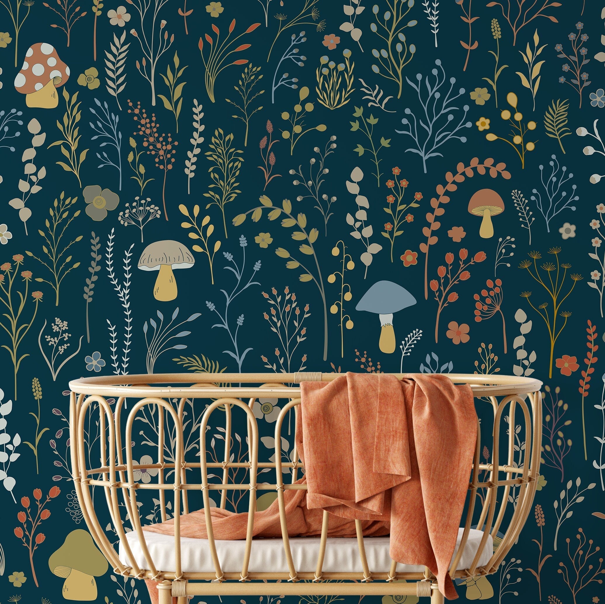 Botanical Wallpaper With Whimsical Mushrooms And Wildflowers In Teal, Green, And Orange - D911
