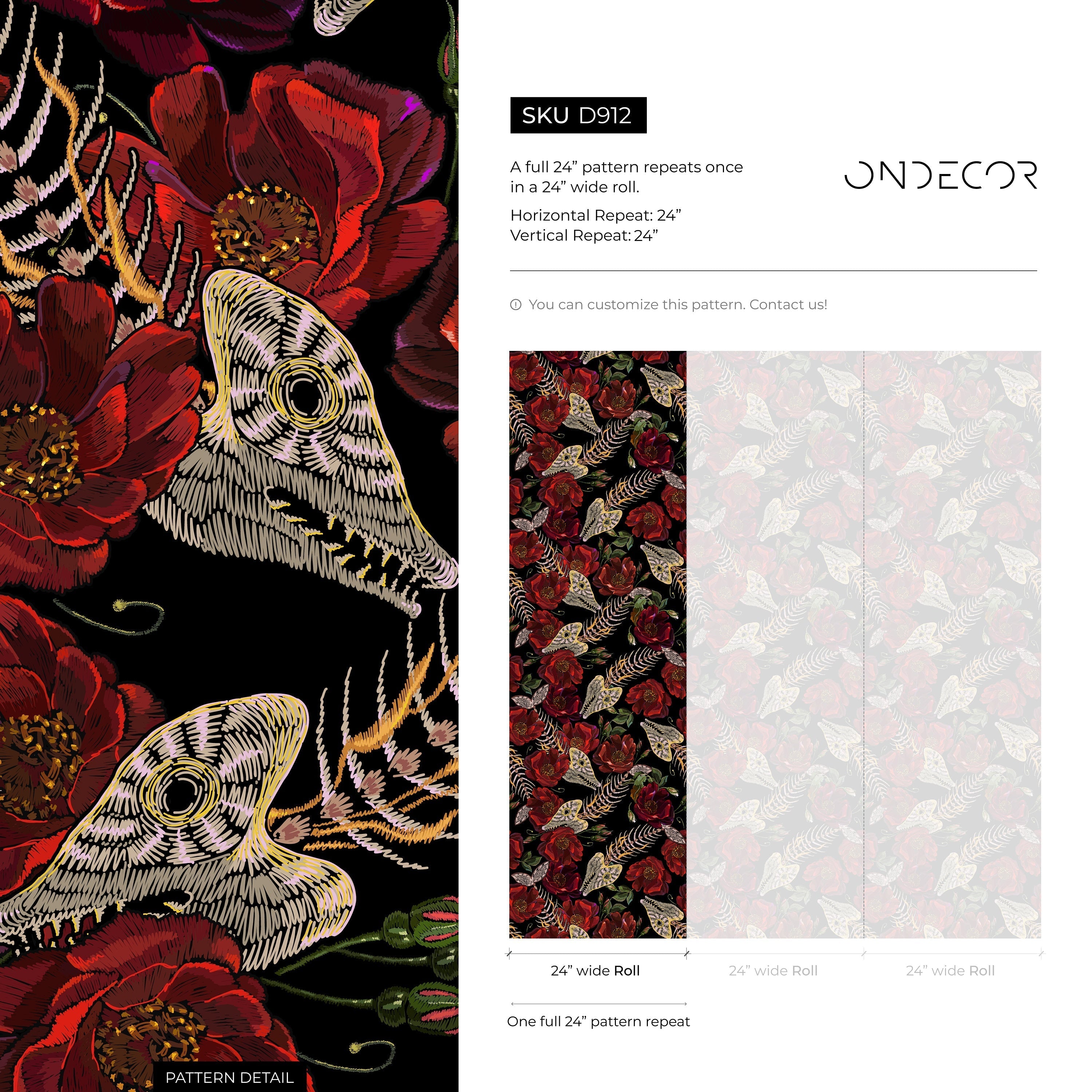 Gothic Wallpaper With Fish Skeletons And Red Roses In Black And Beige - D912