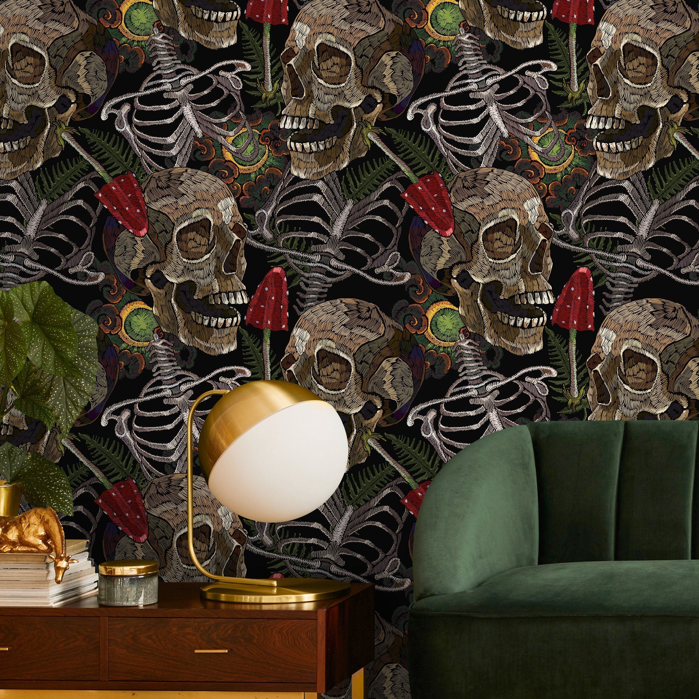 Gothic Wallpaper Featuring Skulls And Ferns In Brown, Green, And Red - D917