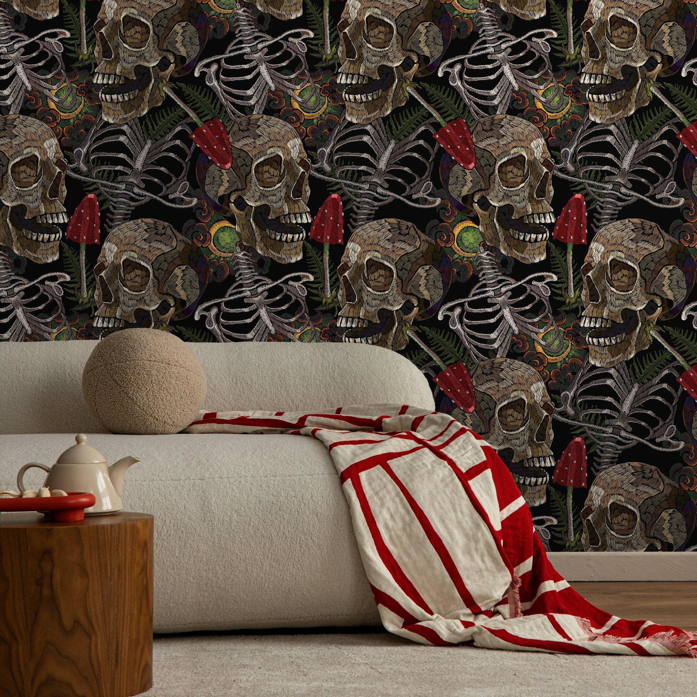 Gothic Wallpaper Featuring Skulls And Ferns In Brown, Green, And Red - D917
