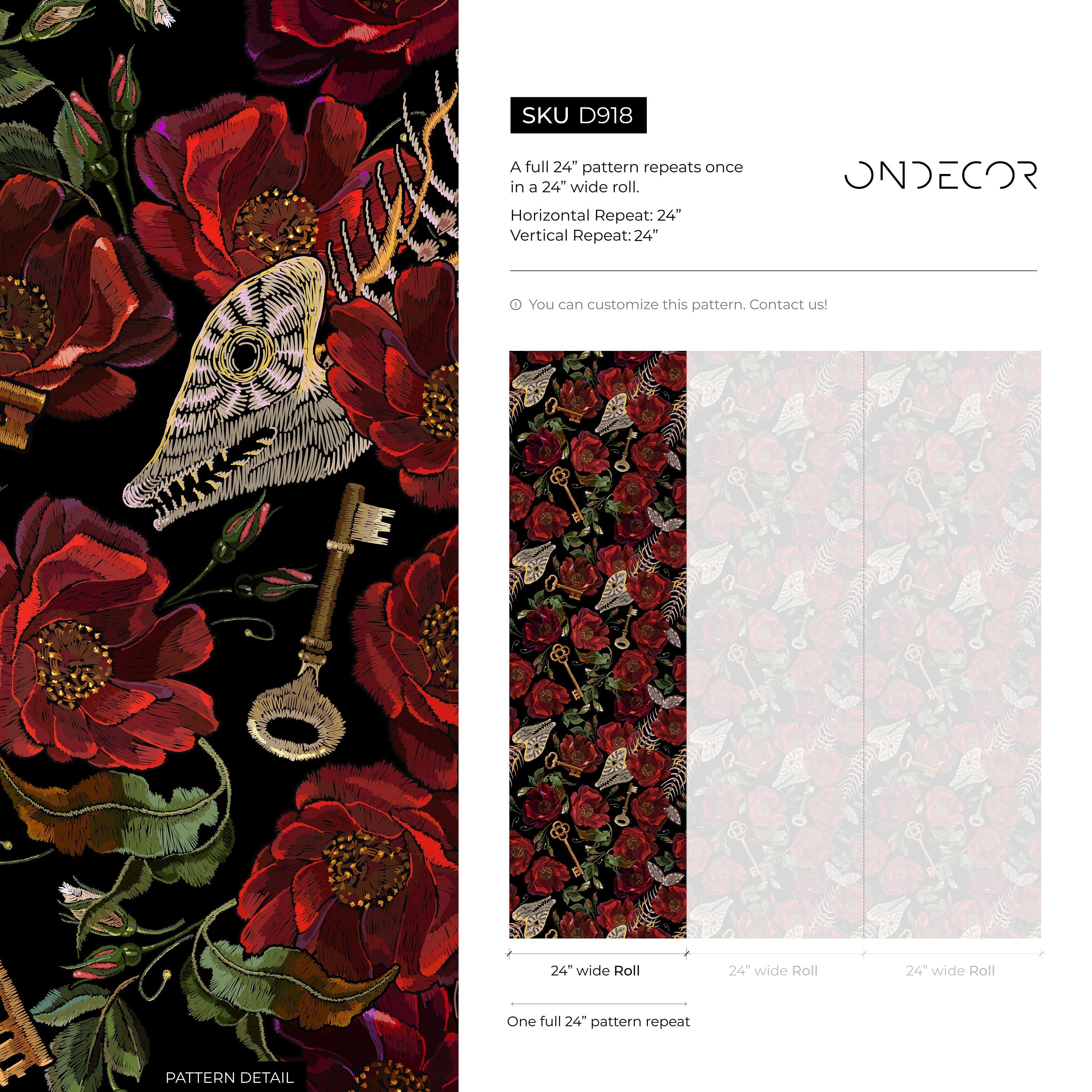Gothic Wallpaper With An Embroidered Motif Of Flowers And Keys In Red, Black, And Gold - D918