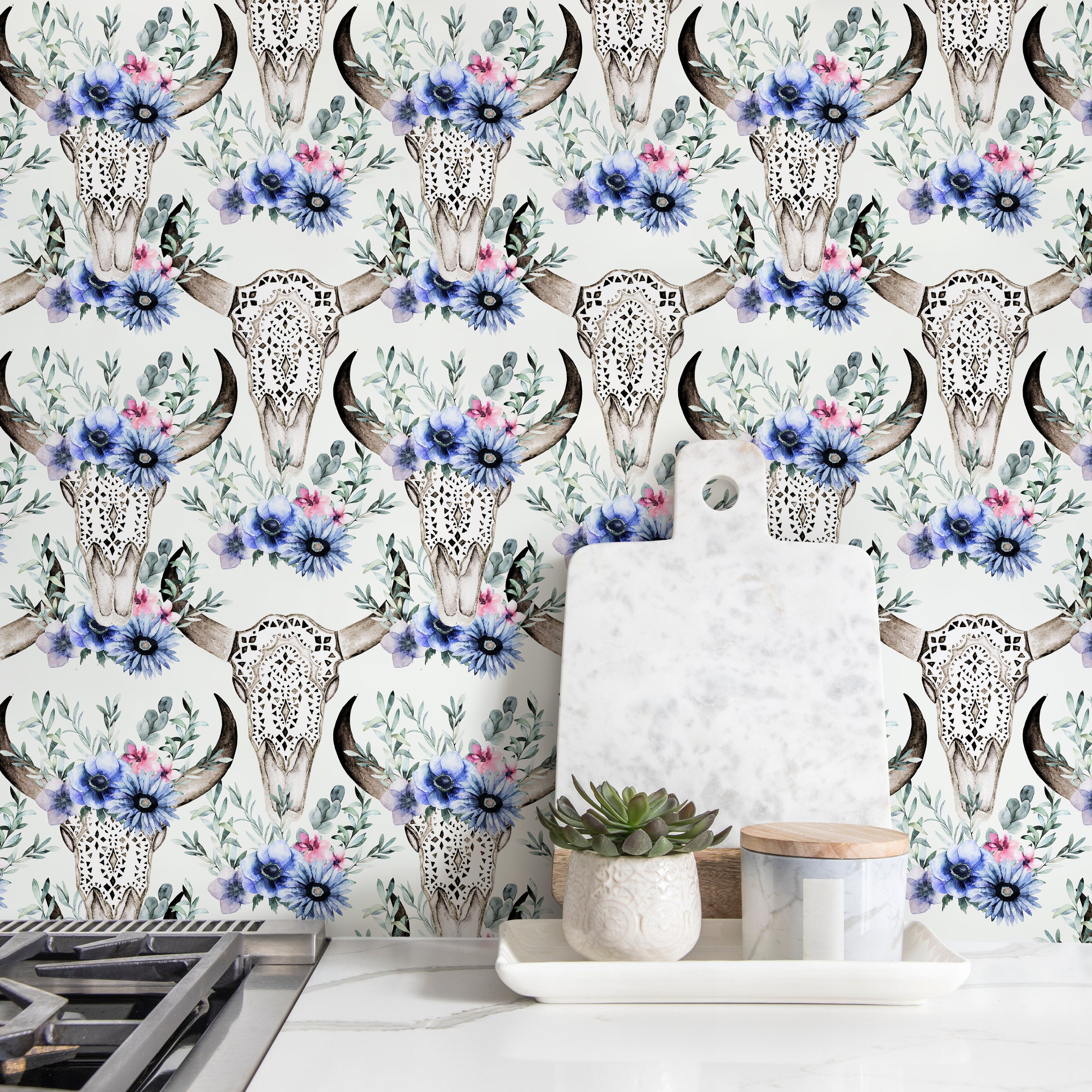 Floral Wallpaper With A Bohemian Bull Skull Motif In Blue, Pink, And Green - D926