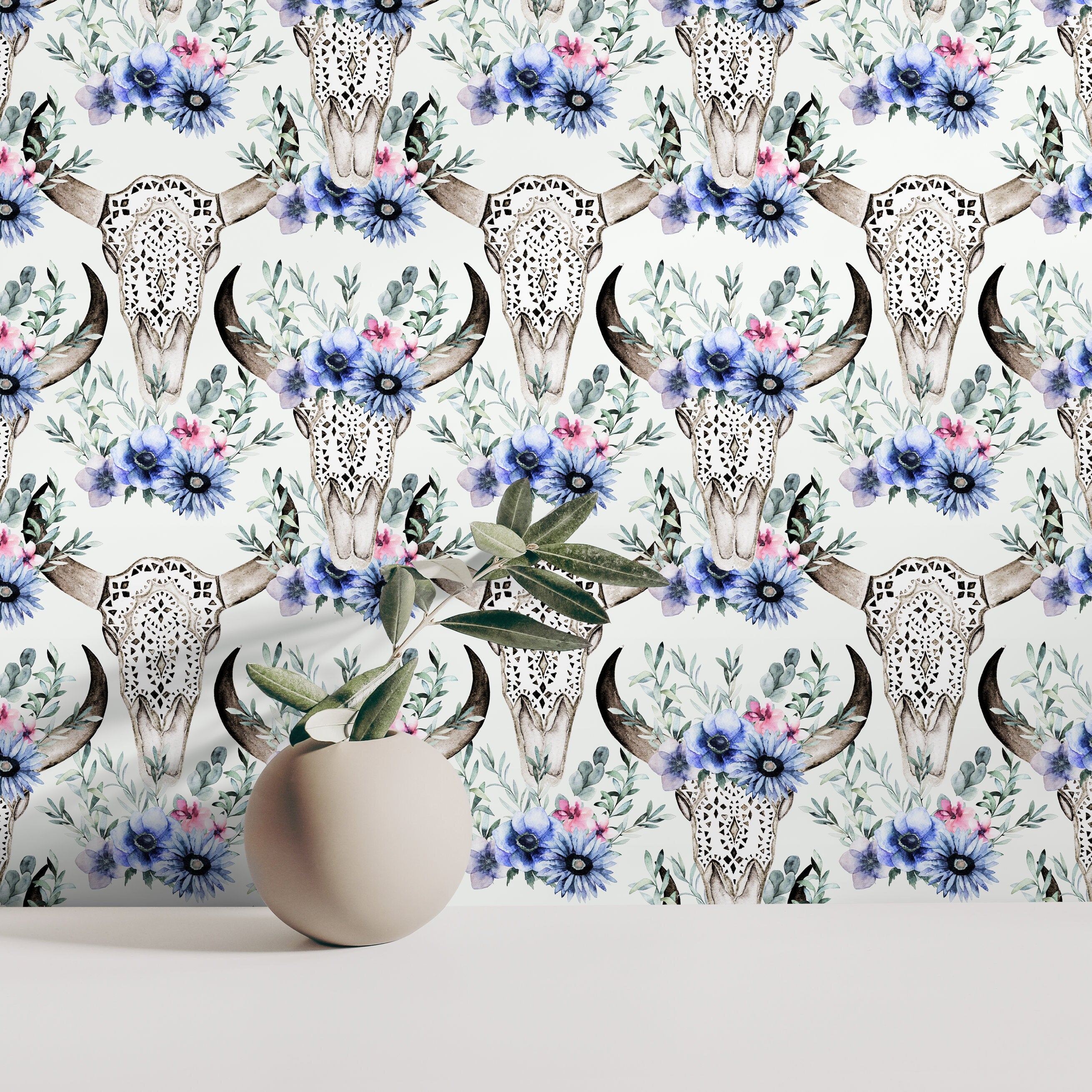 Floral Wallpaper With A Bohemian Bull Skull Motif In Blue, Pink, And Green - D926