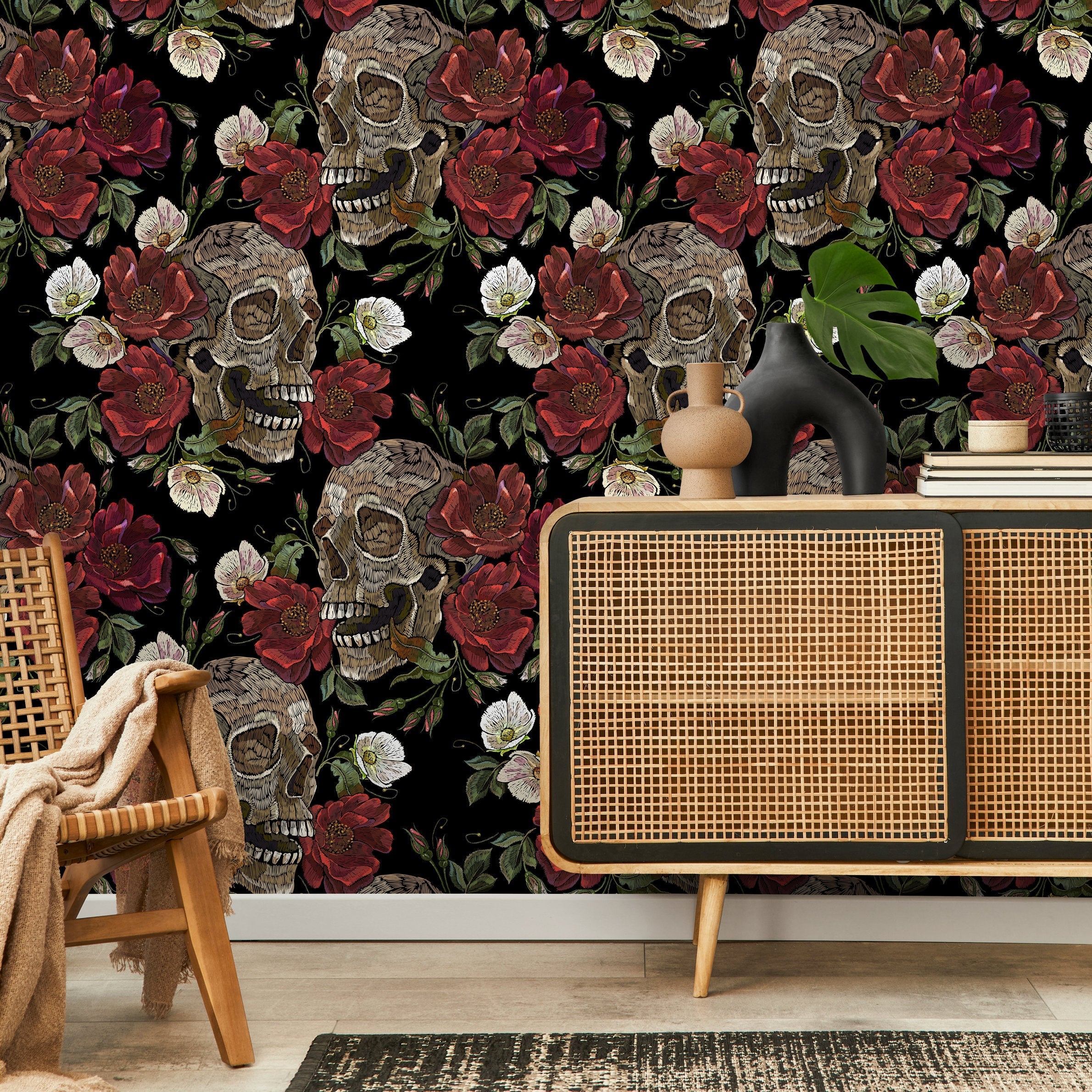 Gothic Wallpaper With Skulls And Floral Blooms In Red And Beige - D907