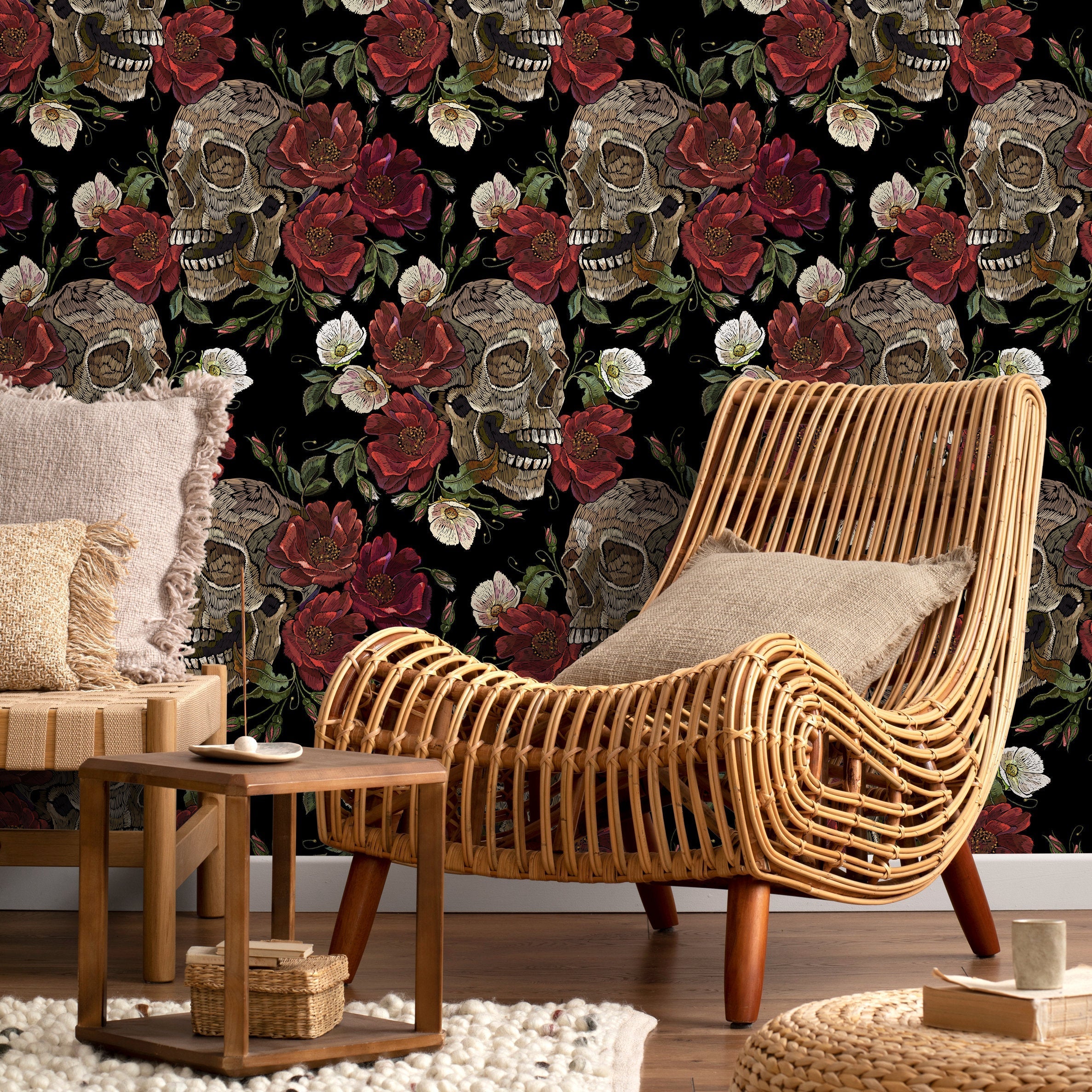 Gothic Wallpaper With Skulls And Floral Blooms In Red And Beige - D907